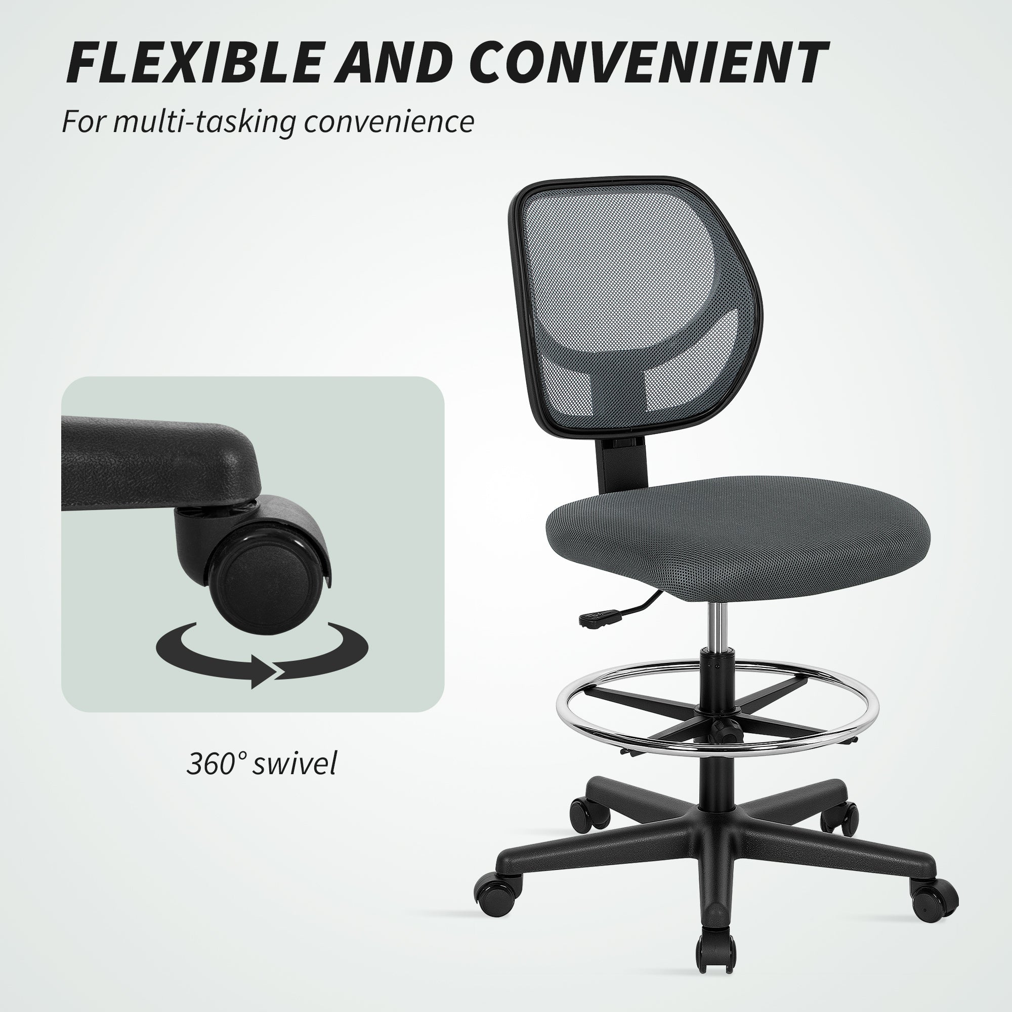 Vinsetto Ergonomic Mesh Standing Desk Chair with Adjustable Footrest Ring and Seat Height Charcoal Grey