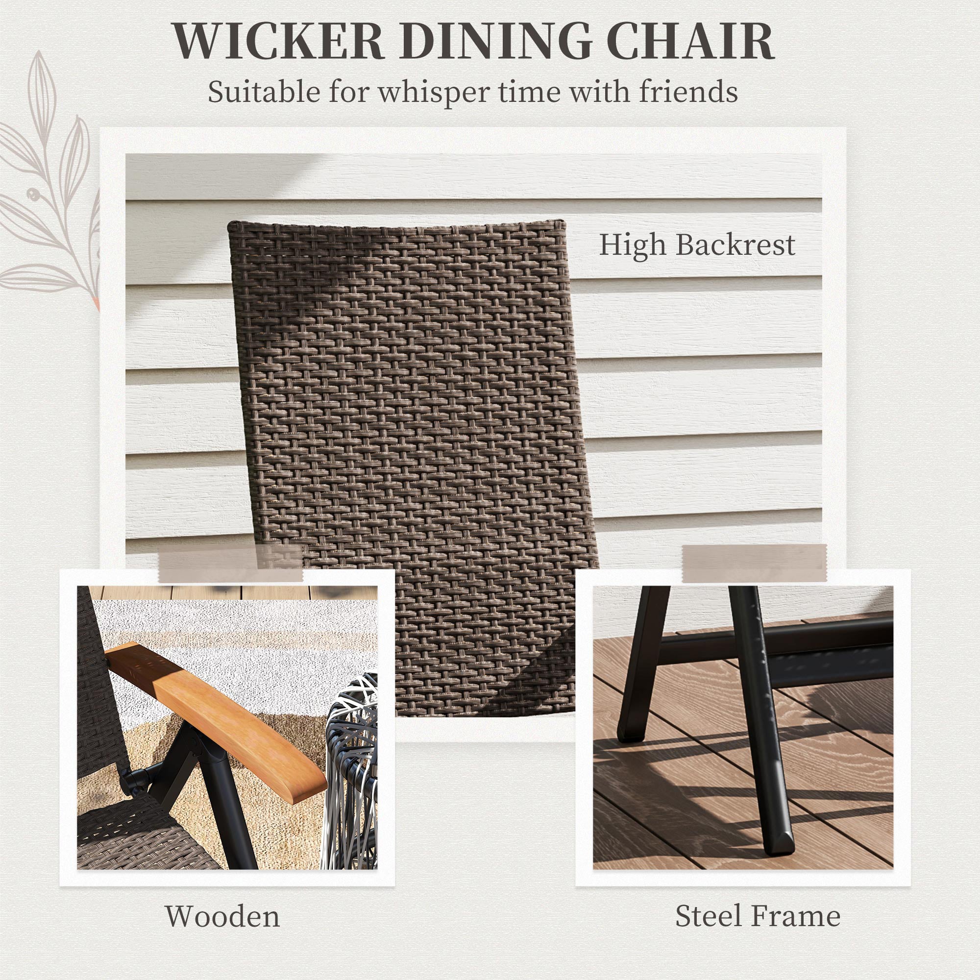 Outsunny Folding Rattan Garden Dining Chair with 5-level Reclining High Back, Wood Armrests for Outdoor, Patio - Brown