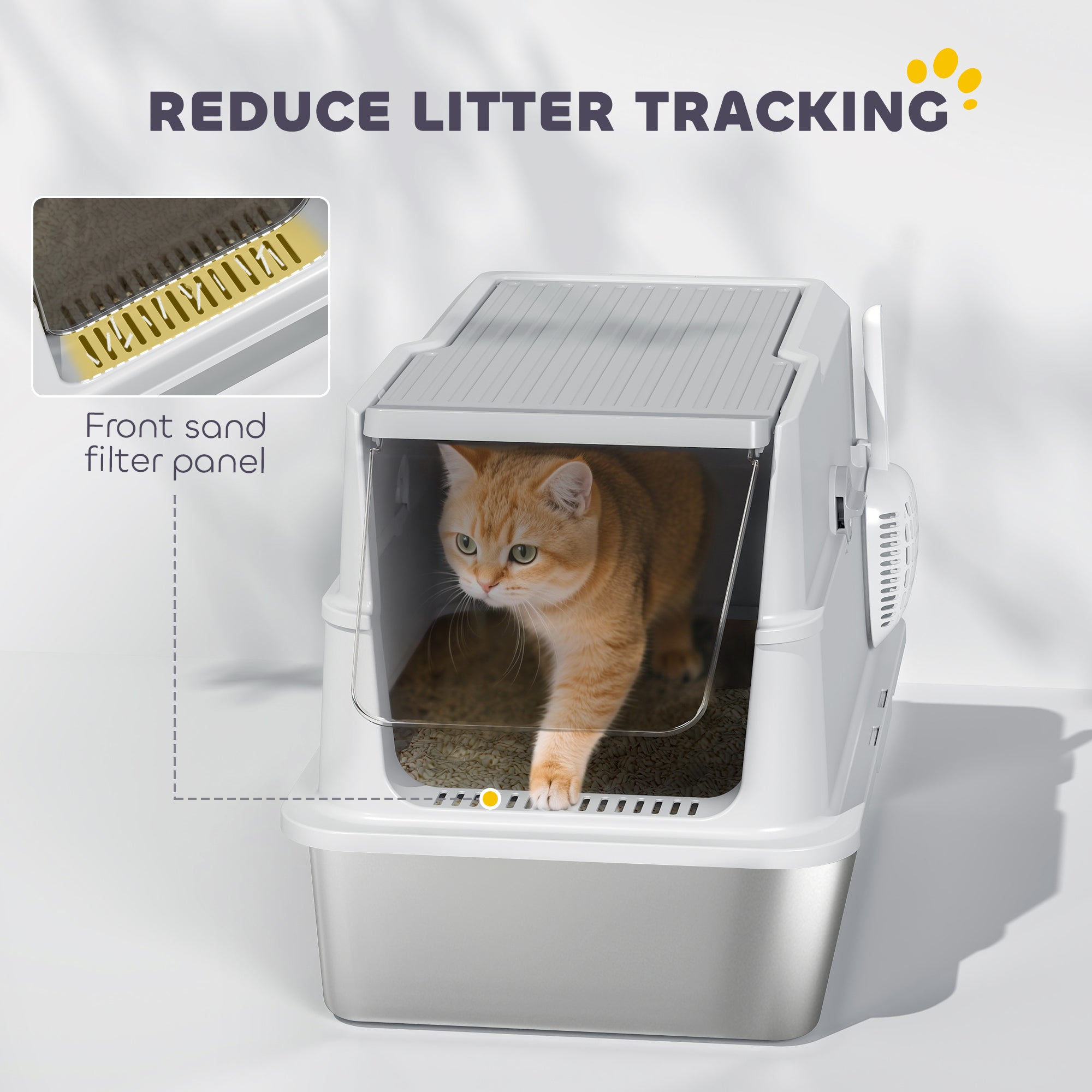 PawHut Extra Large Stainless Steel, Cat Litter Tray with Scoop, Flip Top