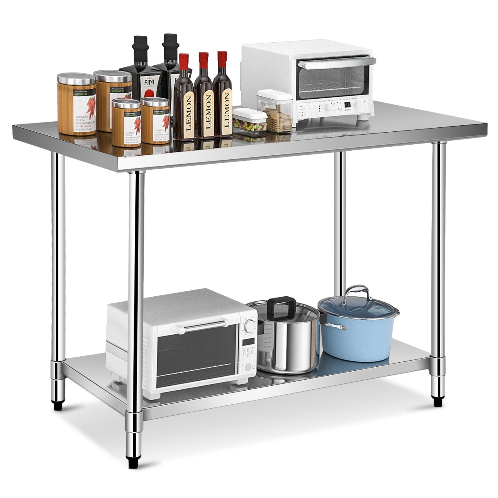 Stainless Steel Catering Table with Adjustable Undershelf and Leveling Feet