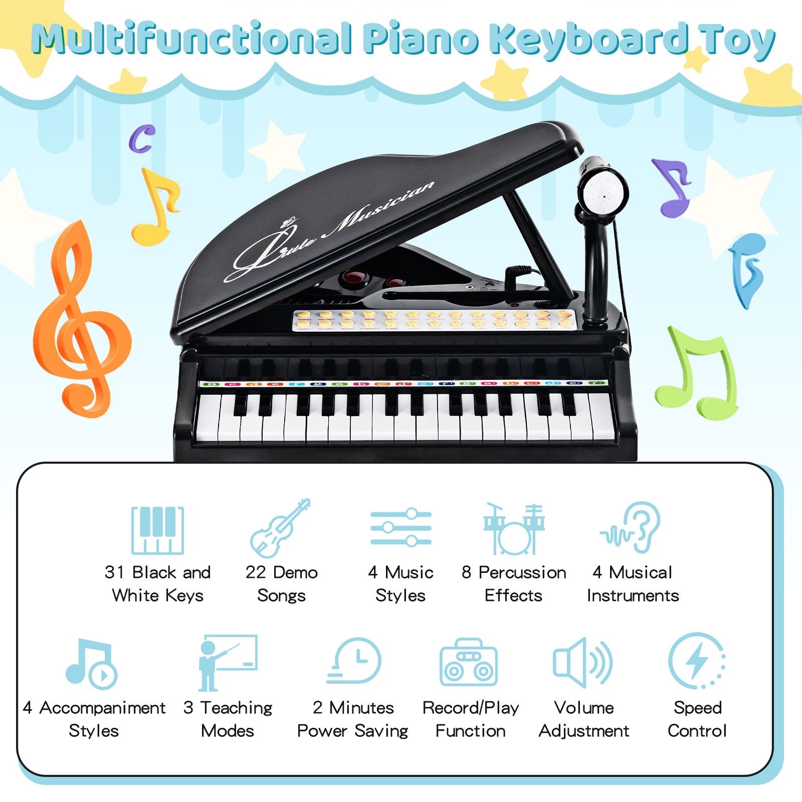 31 Keys Kids Portable Multifunctional Toy Piano with Microphone-Black