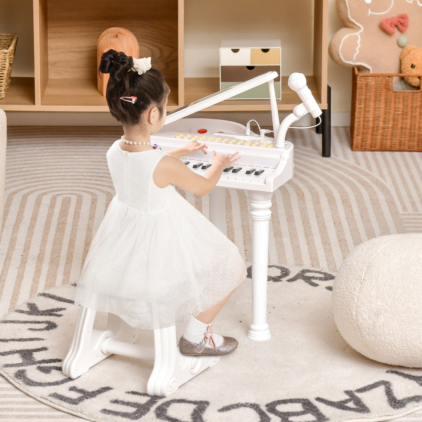 31 Keys Kids Portable Multifunctional Toy Piano with Microphone-White