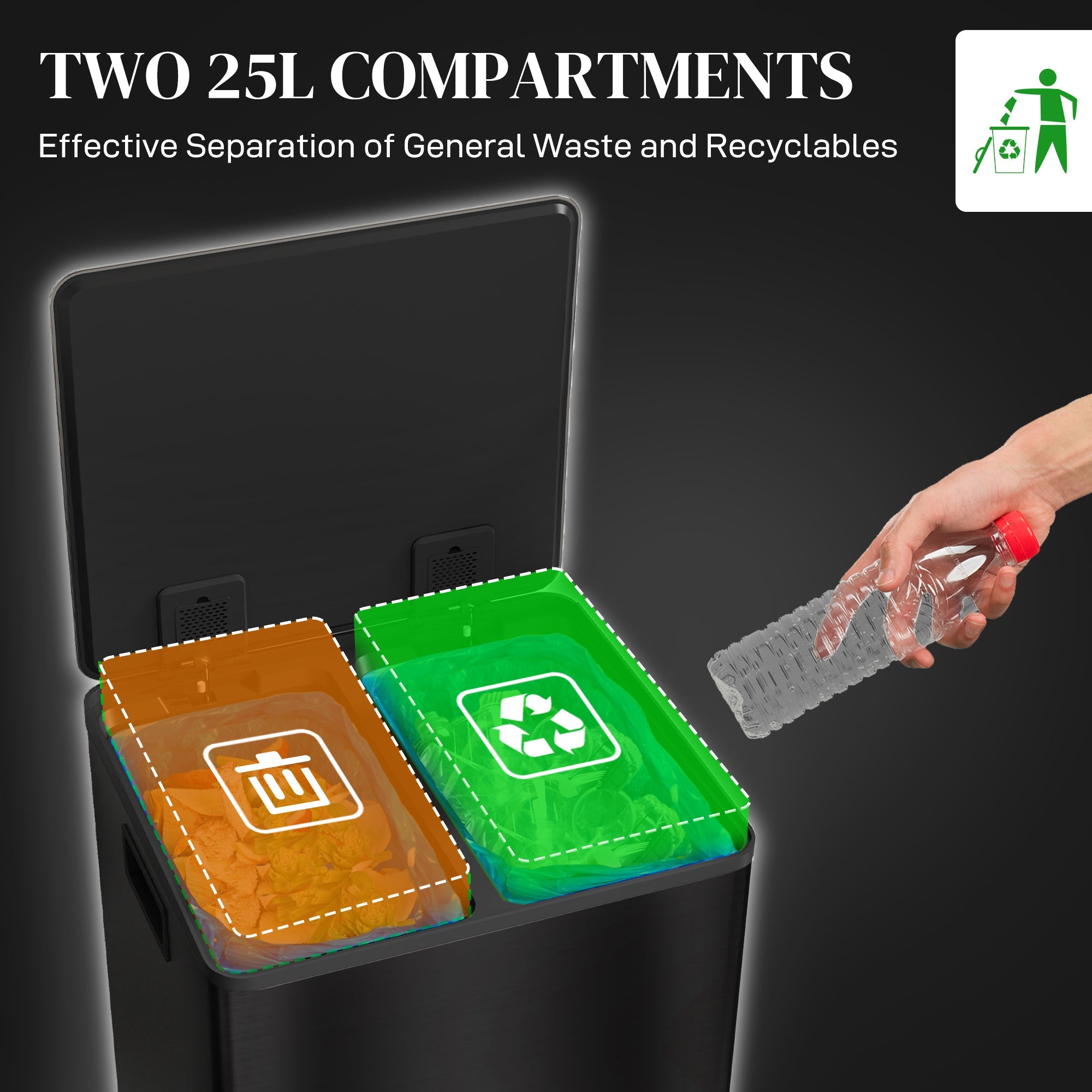 HOMCOM 50L Dual Compartment Stainless Steel Bin, with Deodoriser Holders - Black