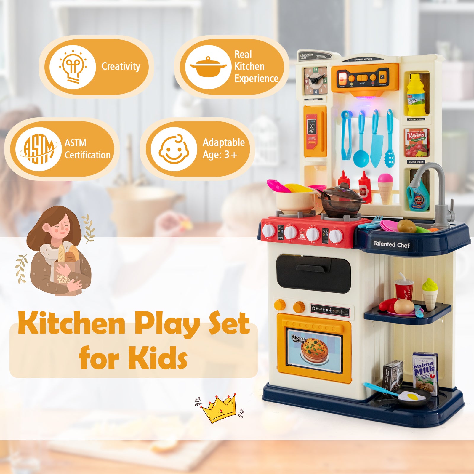 Kids Kitchen Playset with 65 Pieces Accessories-Blue