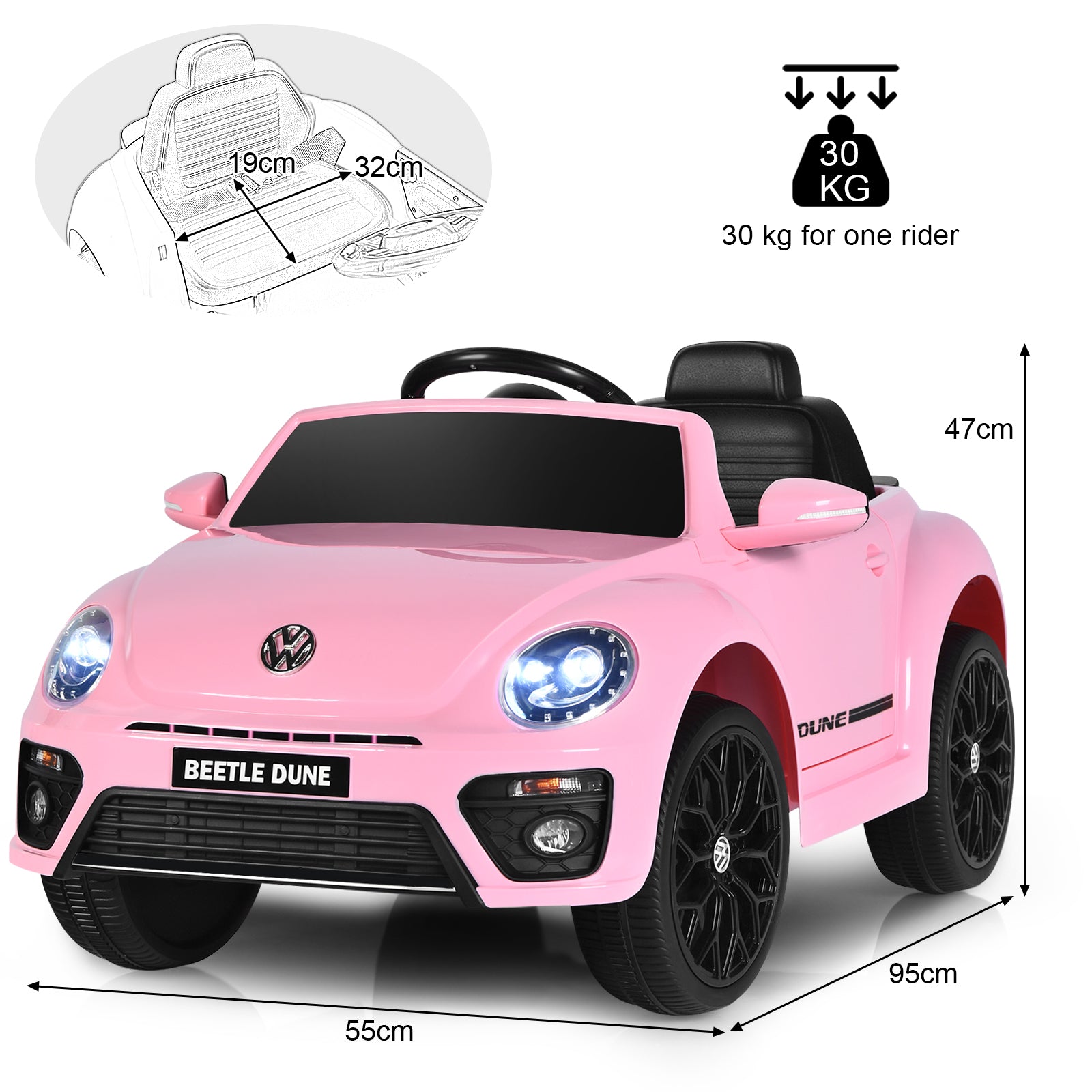 12V Volkswagen Beetle Electric Kids Ride On Car with Remote Control-Pink