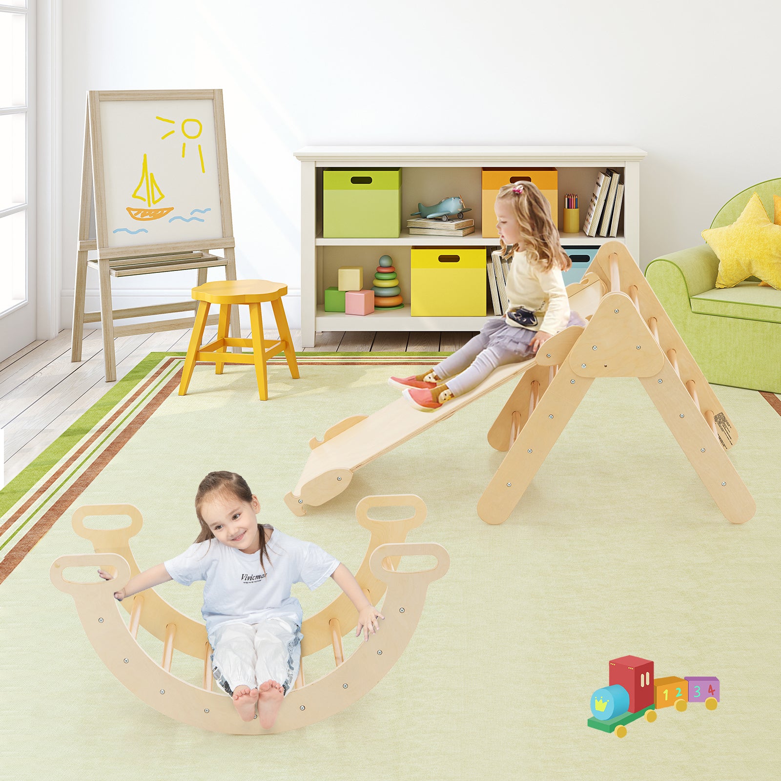 5-in-1 Triangle Climbing Toys with Arch Ramp for 1+ Years Old-Natural