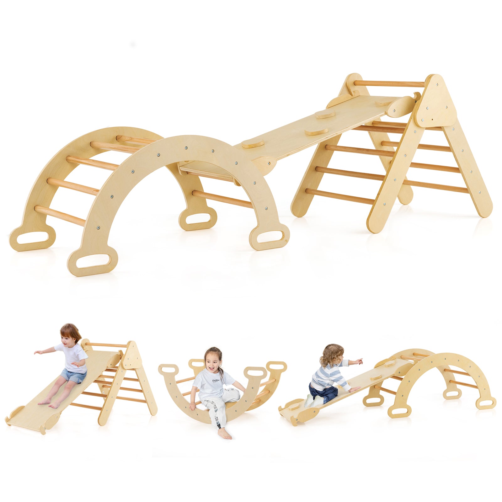 5-in-1 Triangle Climbing Toys with Arch Ramp for 1+ Years Old-Natural