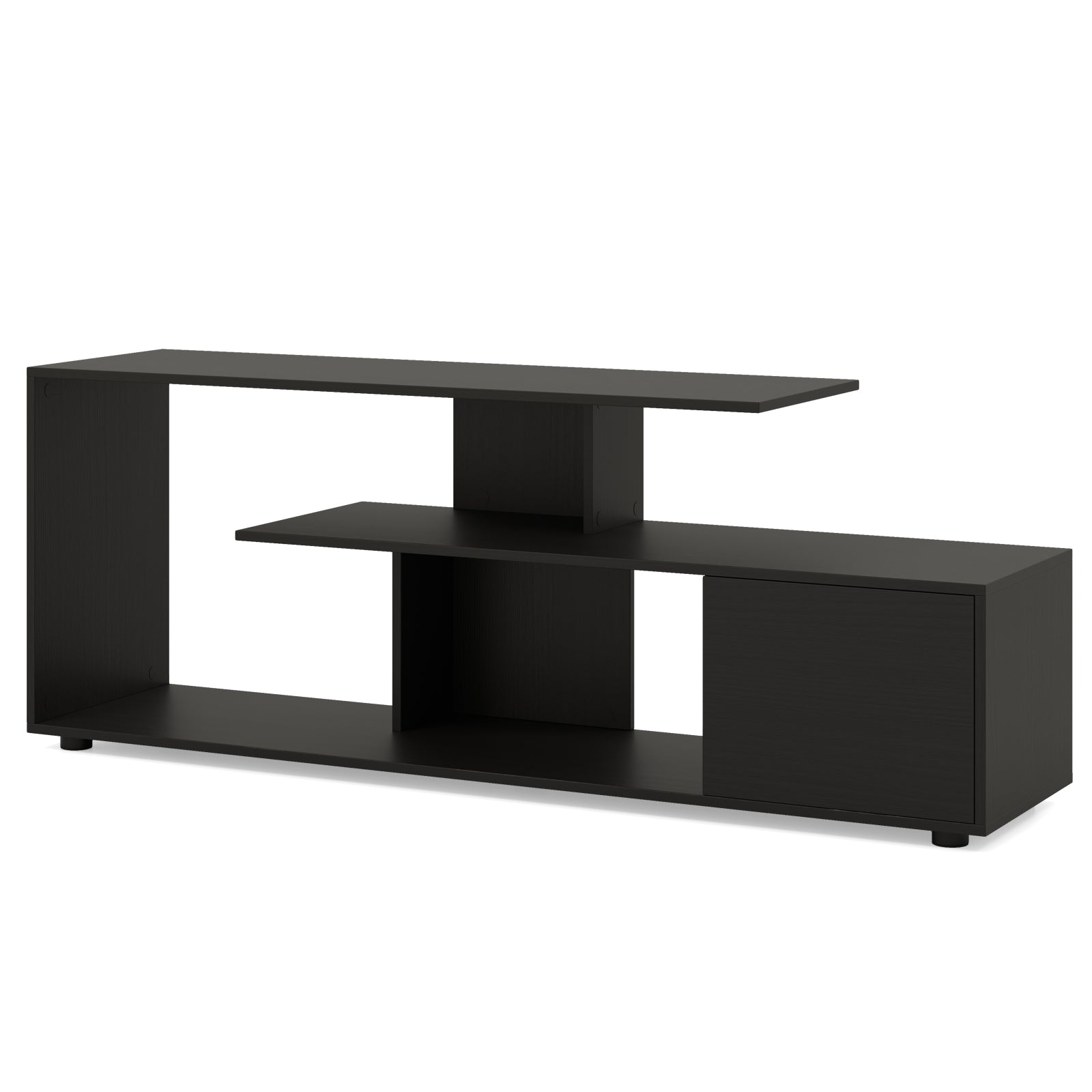 3-Tier Asymmetrical Media Console Table with Storage Shelves and Cabinet-Black
