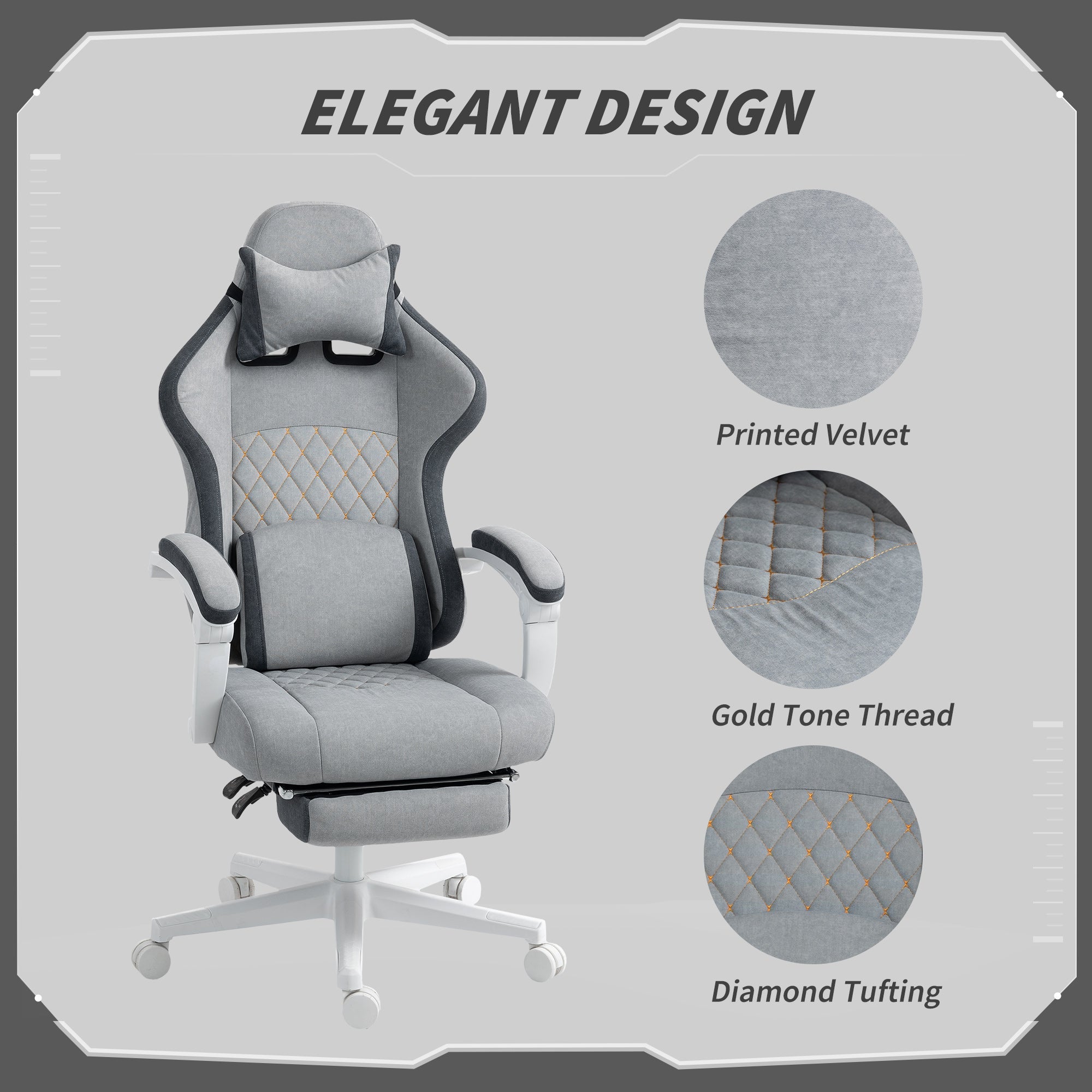 HOMCOM Ergonomic High Back Gaming Chair for Adults, Printed Velvet Computer Recliner Chair with Footrest, Lumbar Support, Adjustable Height and 360√Ç¬∞ Swivel Seat for Office or Gaming, Grey