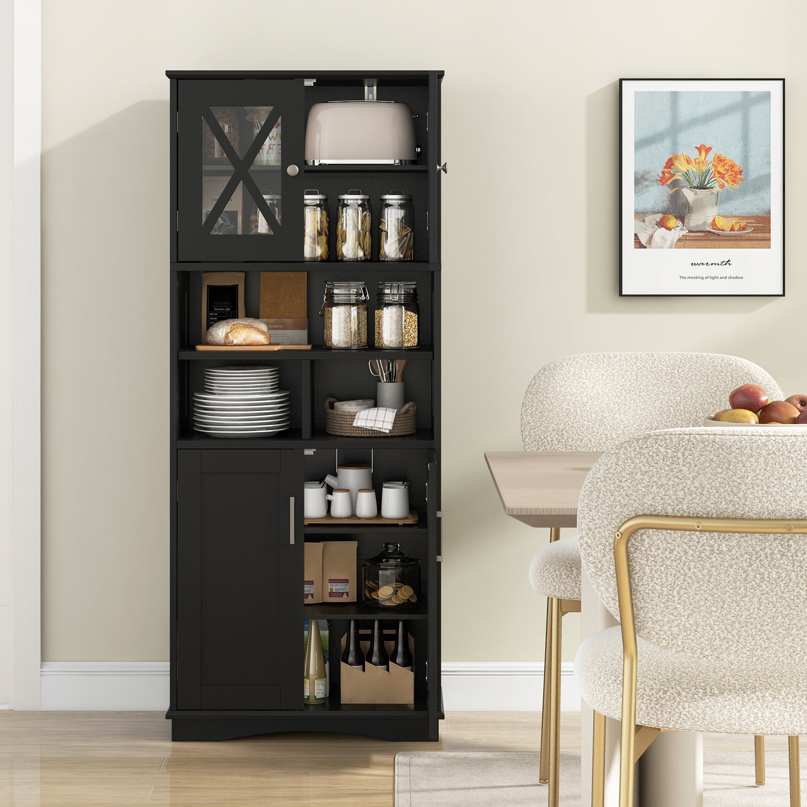 Tall Bathroom Floor Storage Cabinet with Acrylic Doors and 3 Cubes-Black