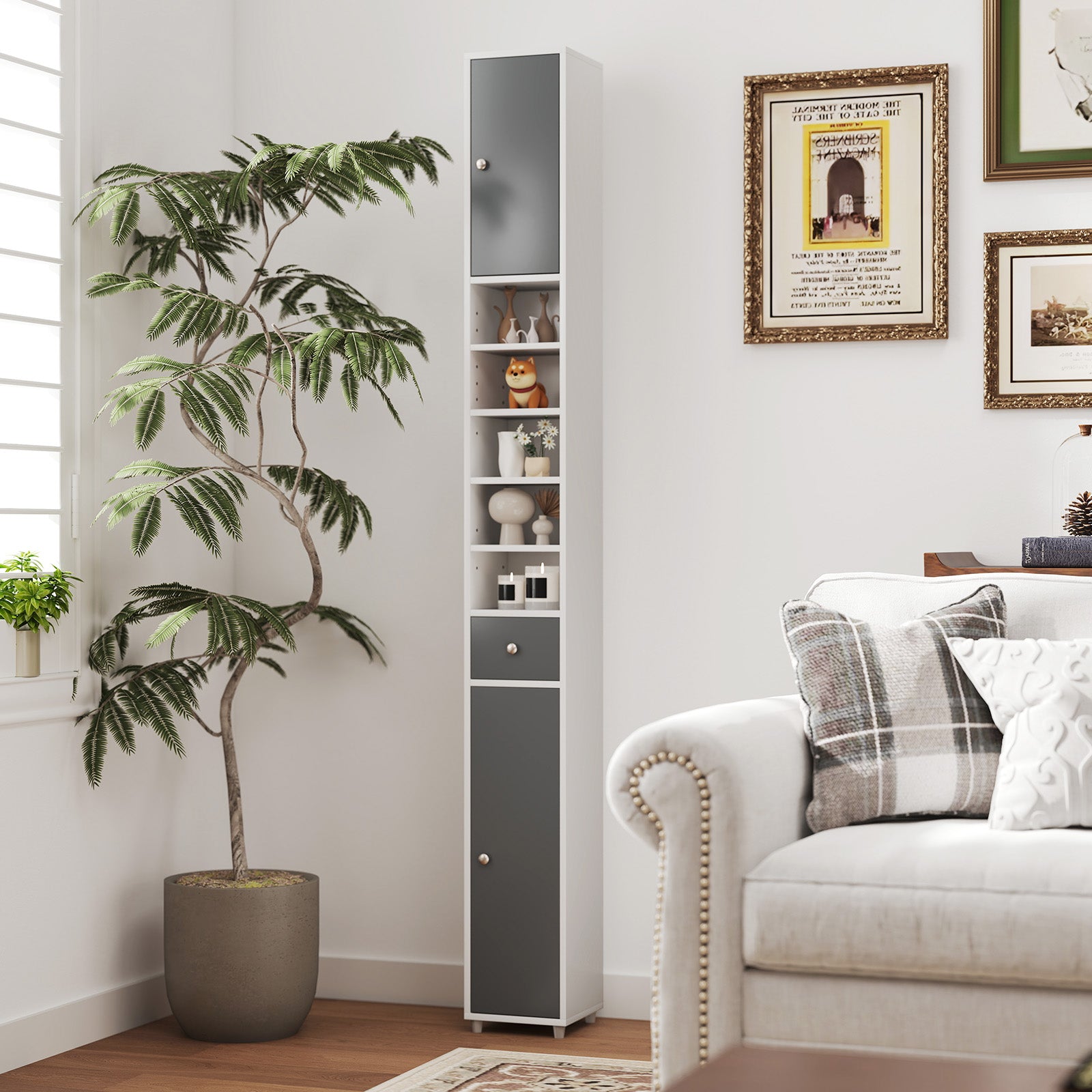 180CM Tall Freestanding Bathroom Cabinet with 2 Doors and 1 Drawer-Gray & White