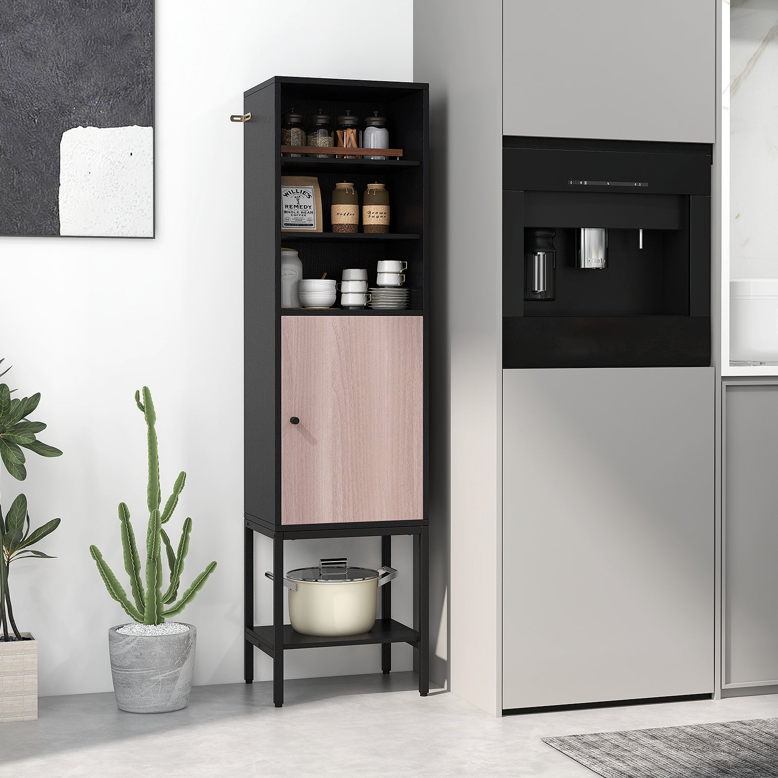 Tall Storage Cabinet with Adjustable Shelf and Bottom Storage-Black