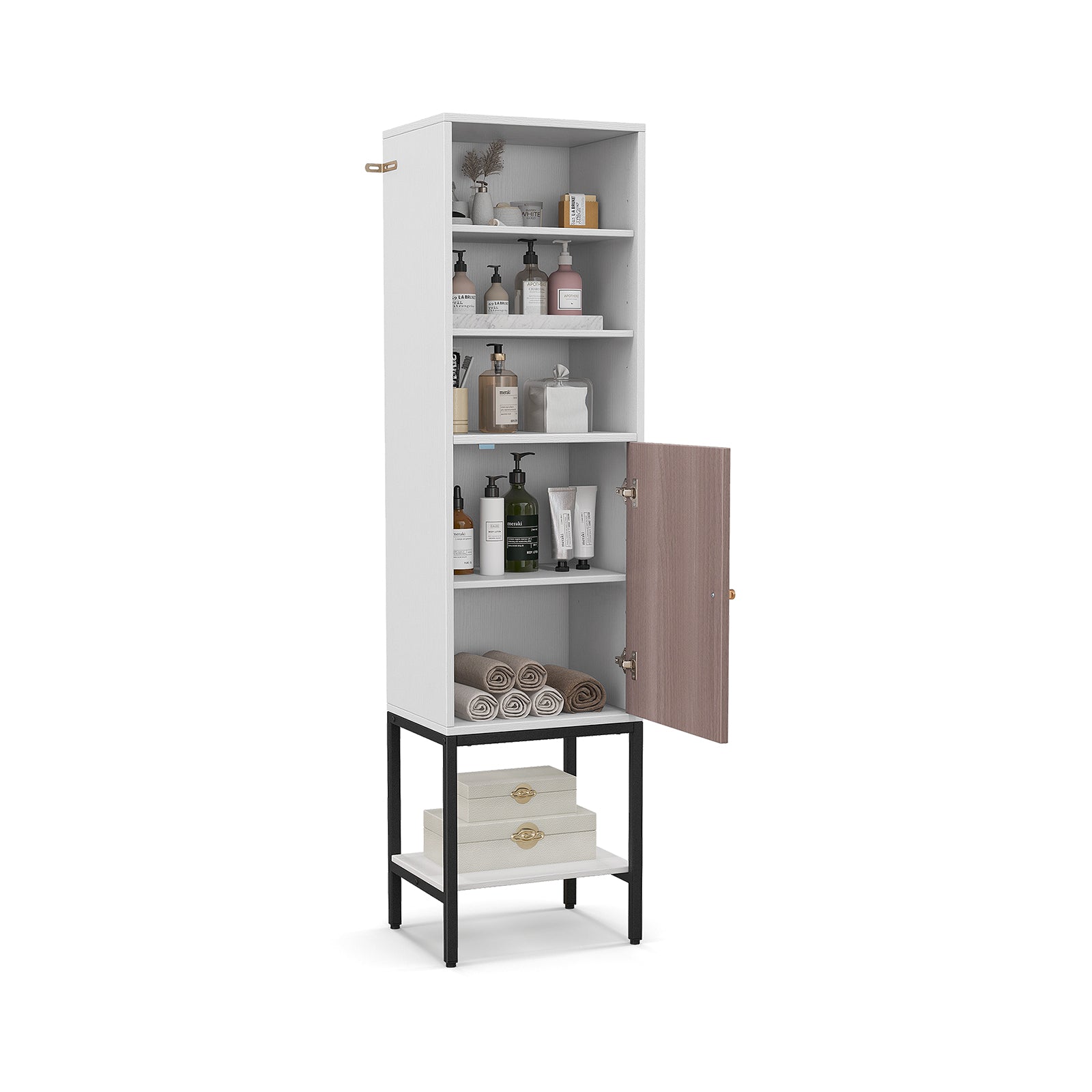 Tall Storage Cabinet with Adjustable Shelf and Bottom Storage-White