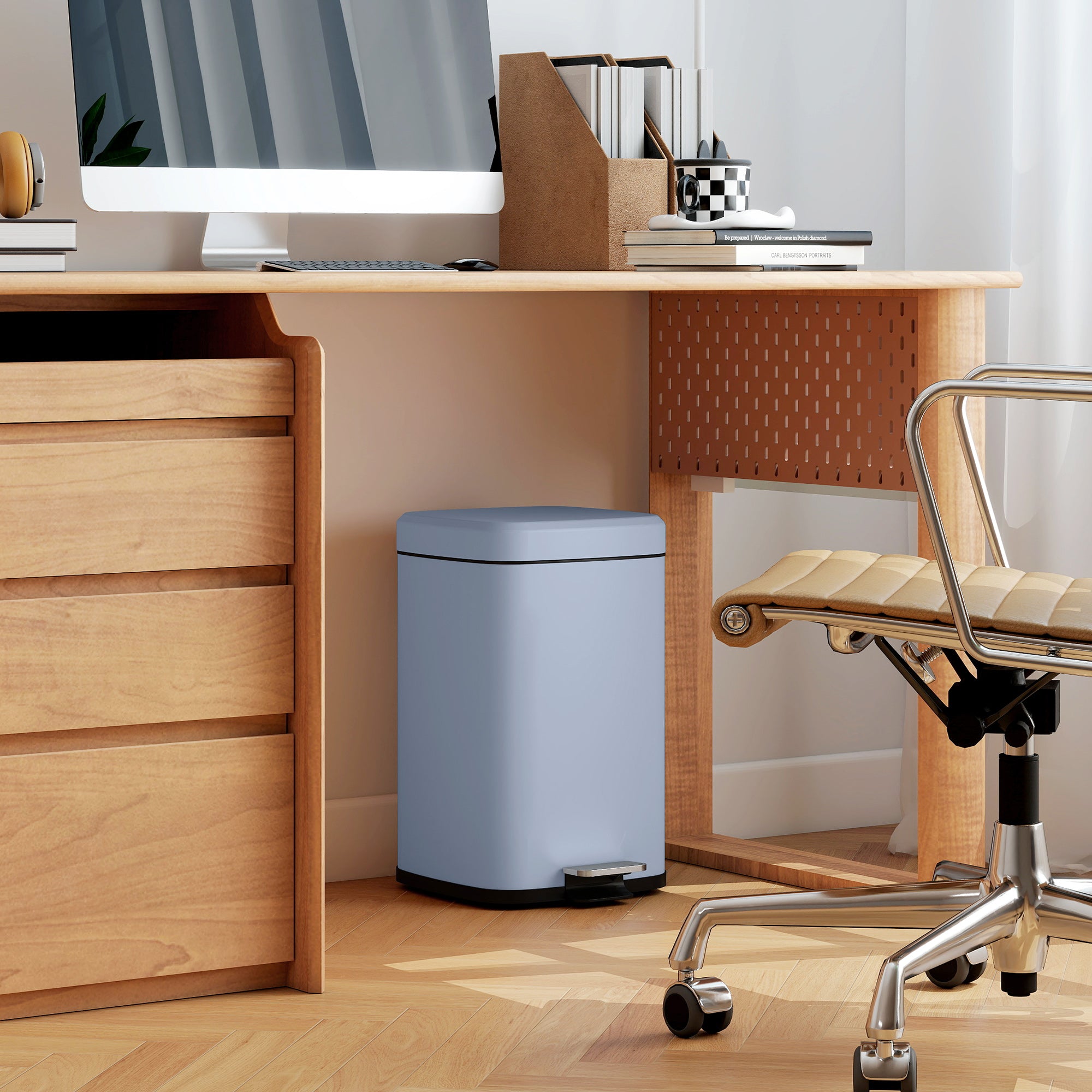 HOMCOM 20L Modern Boxy Metal Home Kitchen Bin - Light Blue