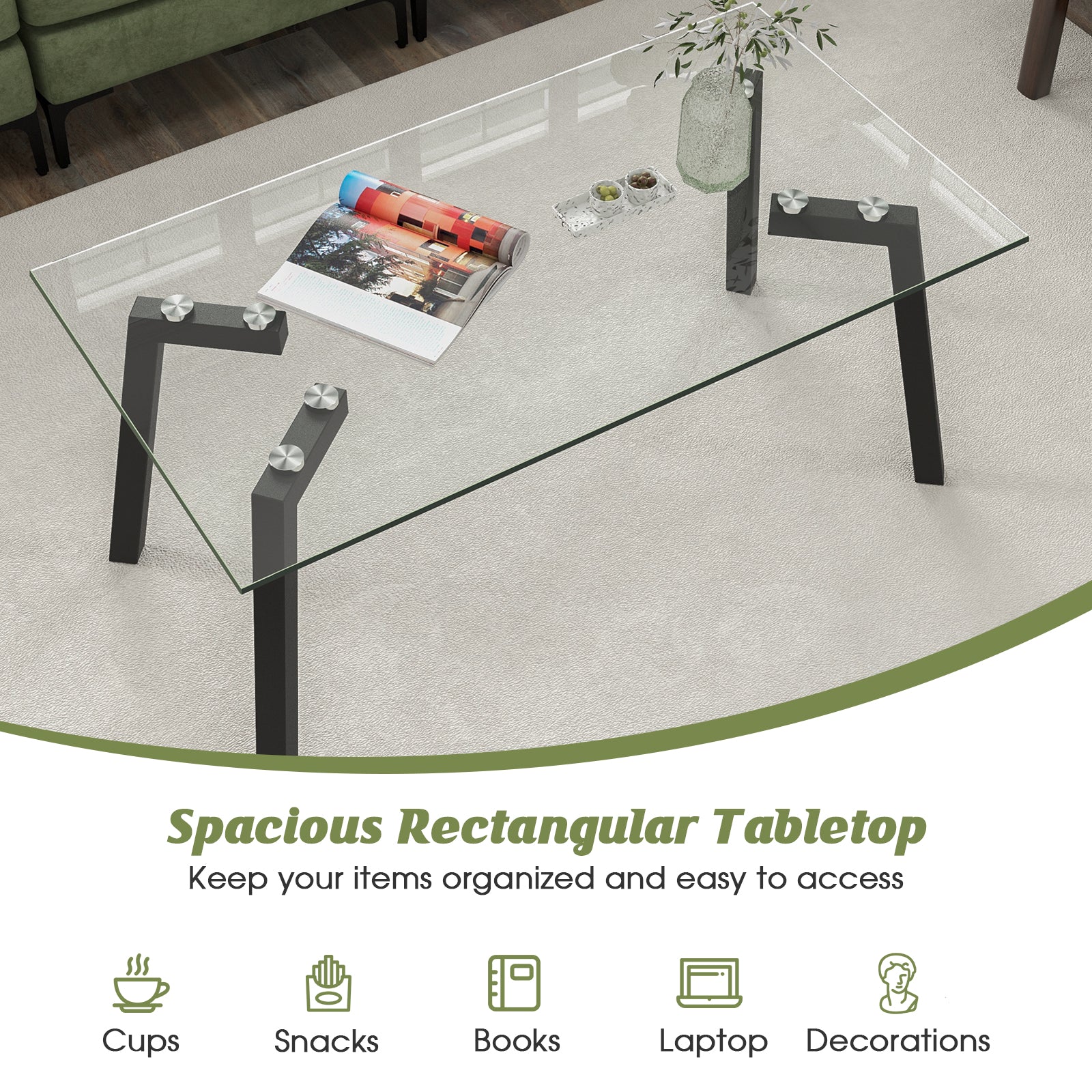 Tempered Glass Coffee Table with Metal Legs for Home Office
