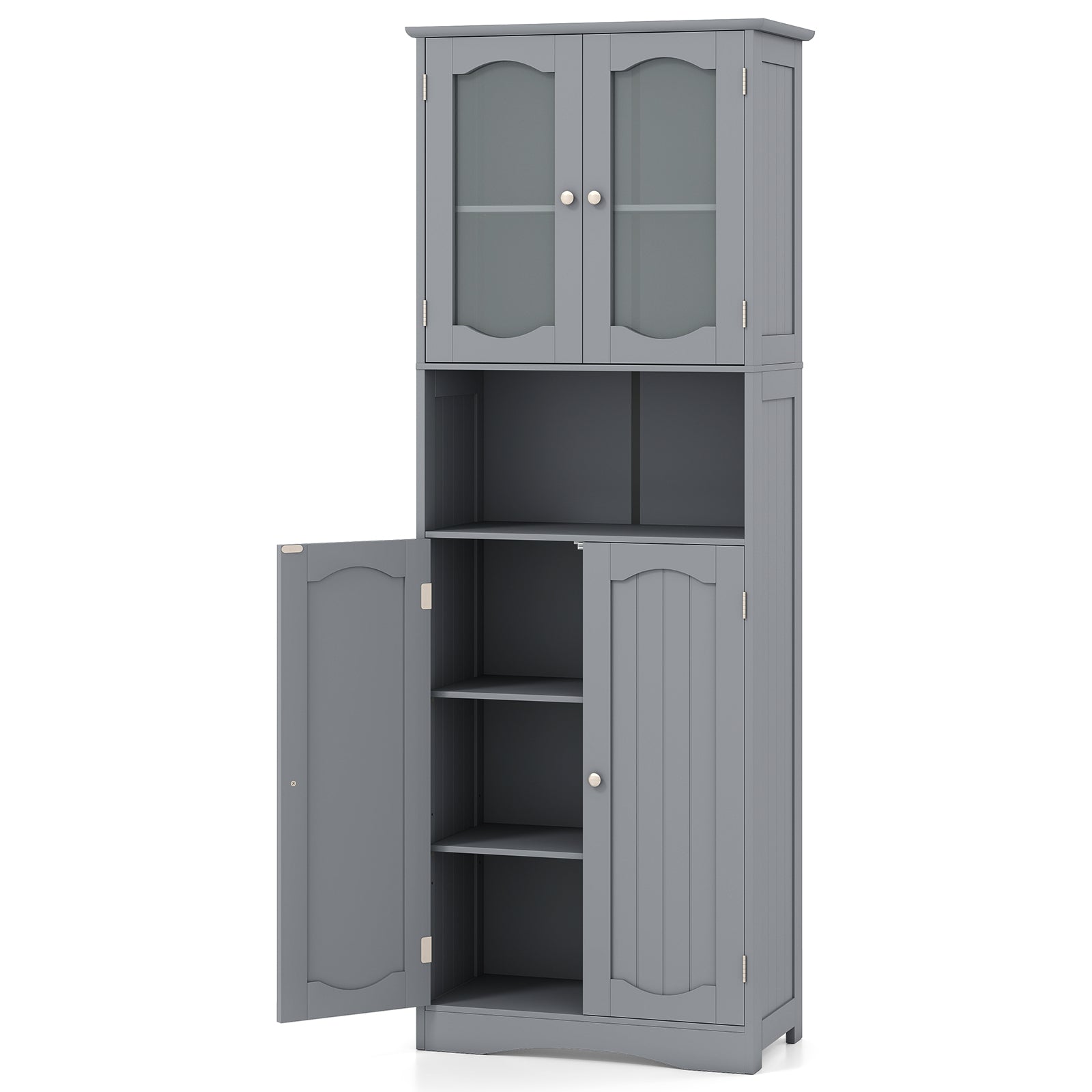 Tempered Glass Door Pantry Cabinet with 3-Position Adjustable Shelves-Grey