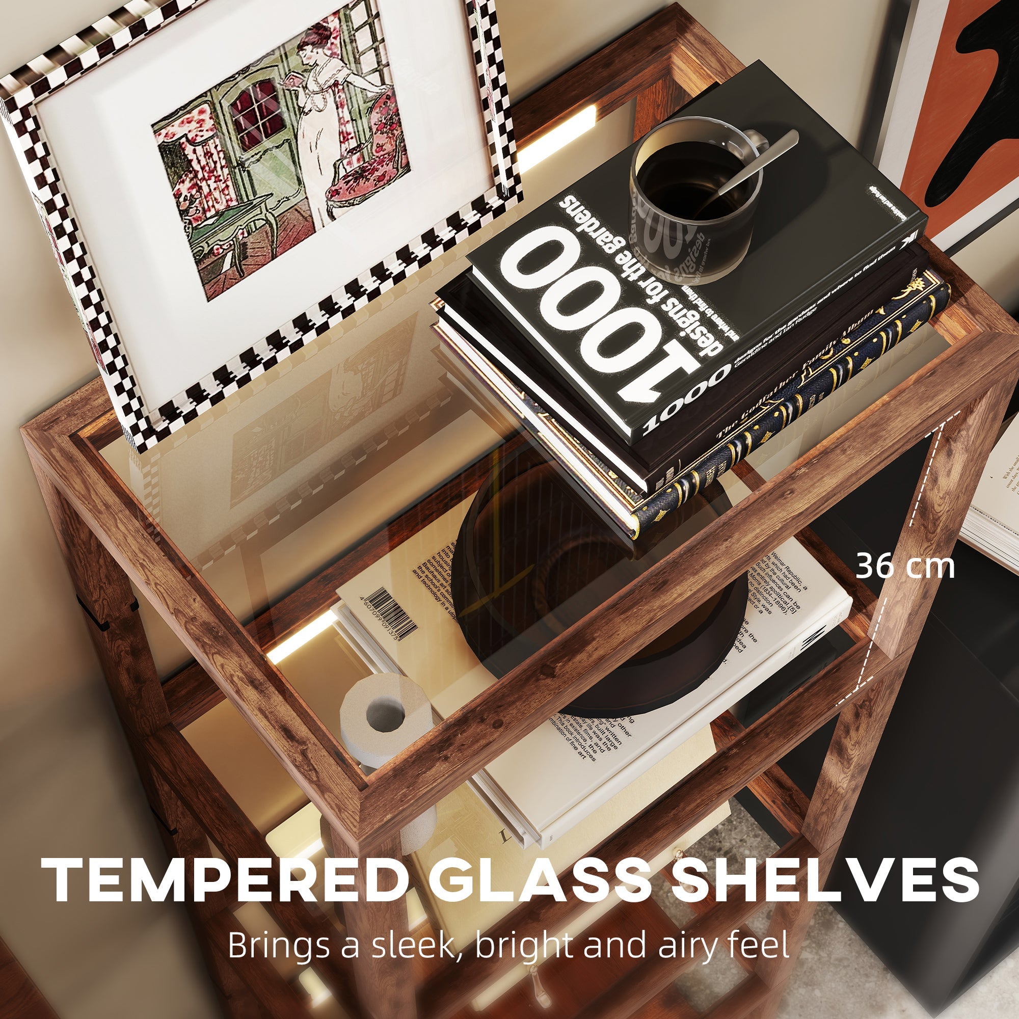 HOMCOM LED Floor Lamp with Glass Shelves, 4 Layers Dimmable Tall Standing Lamp, Modern Column Shelf Floor Light for Living Room, Bedroom, Office, Rustic Brown