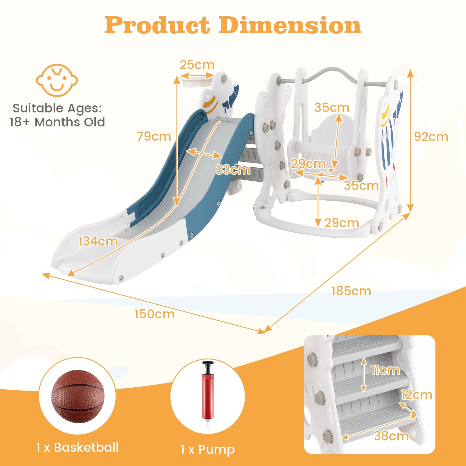 Toddler Slide and Swing Set with Extended Slide, Swing, Basketball Hoop and Climber-Blue