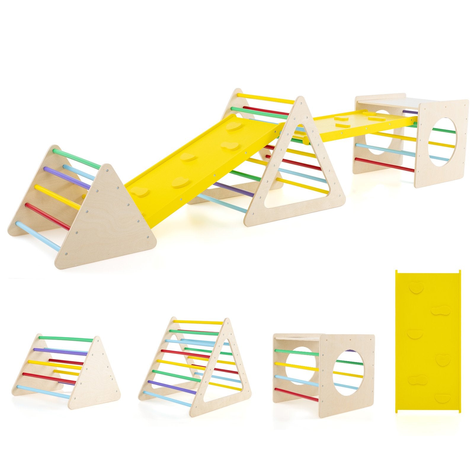 6-in-1 Set of 5 Toddler Triangle Climber for Sliding and Climbing-Natural