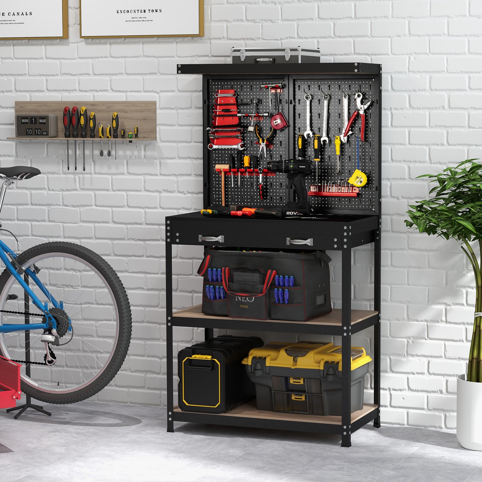 Tool Storage Workbench with Pegboard Shelves and Drawers-Red