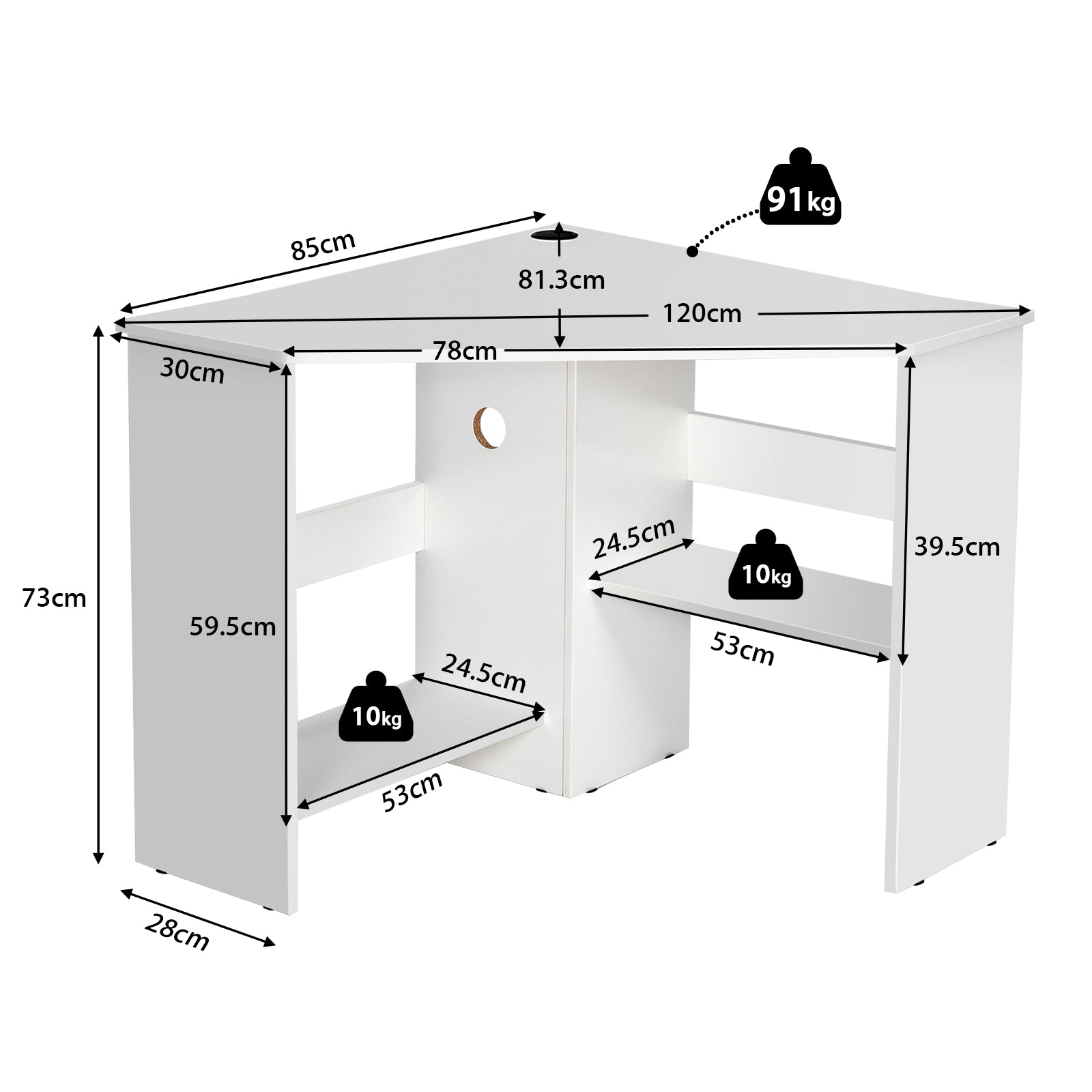 Triangle Corner Computer Desk with Open Shelf and Cable Holes-White