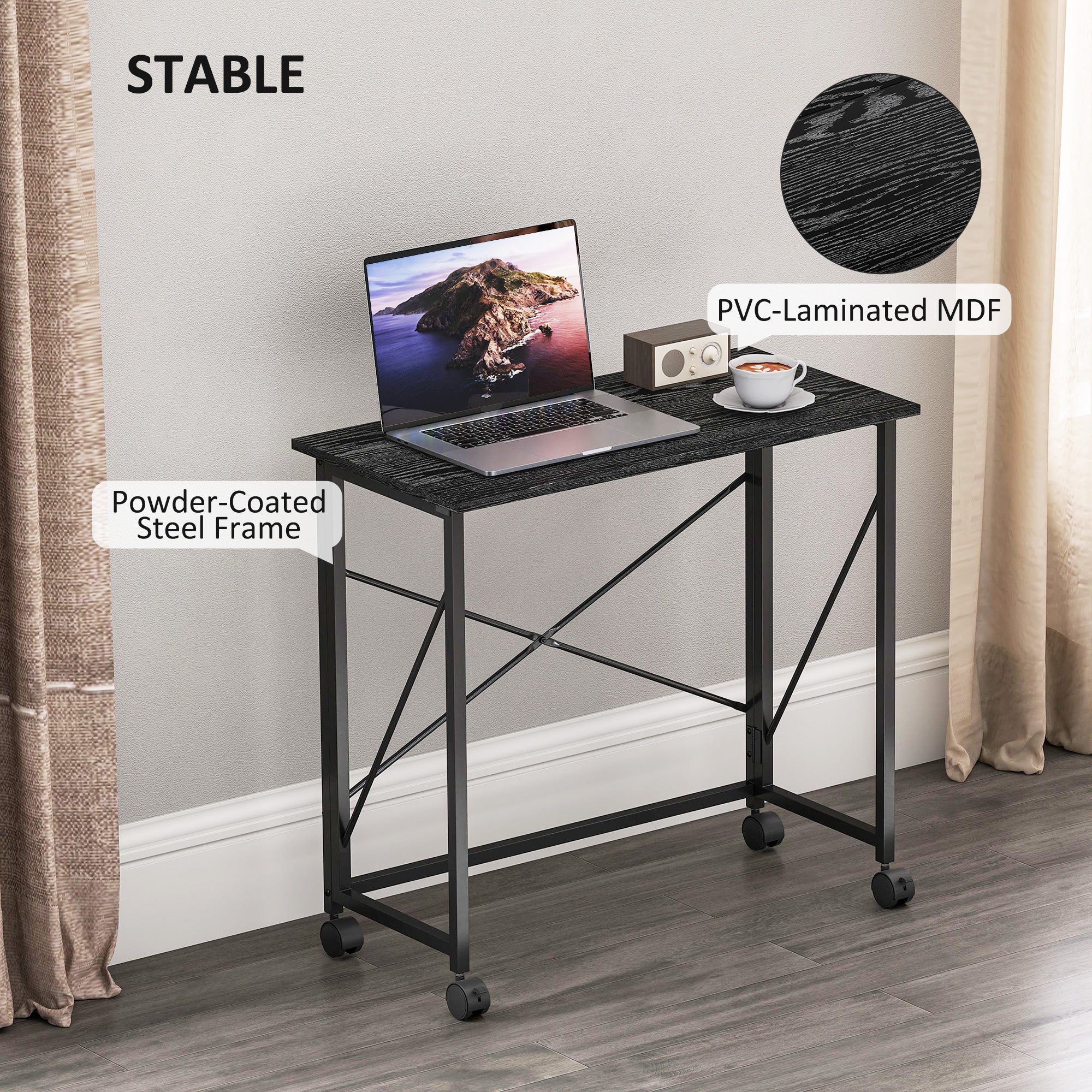 HOMCOM 80 cm Folding Desk on Wheels - Black