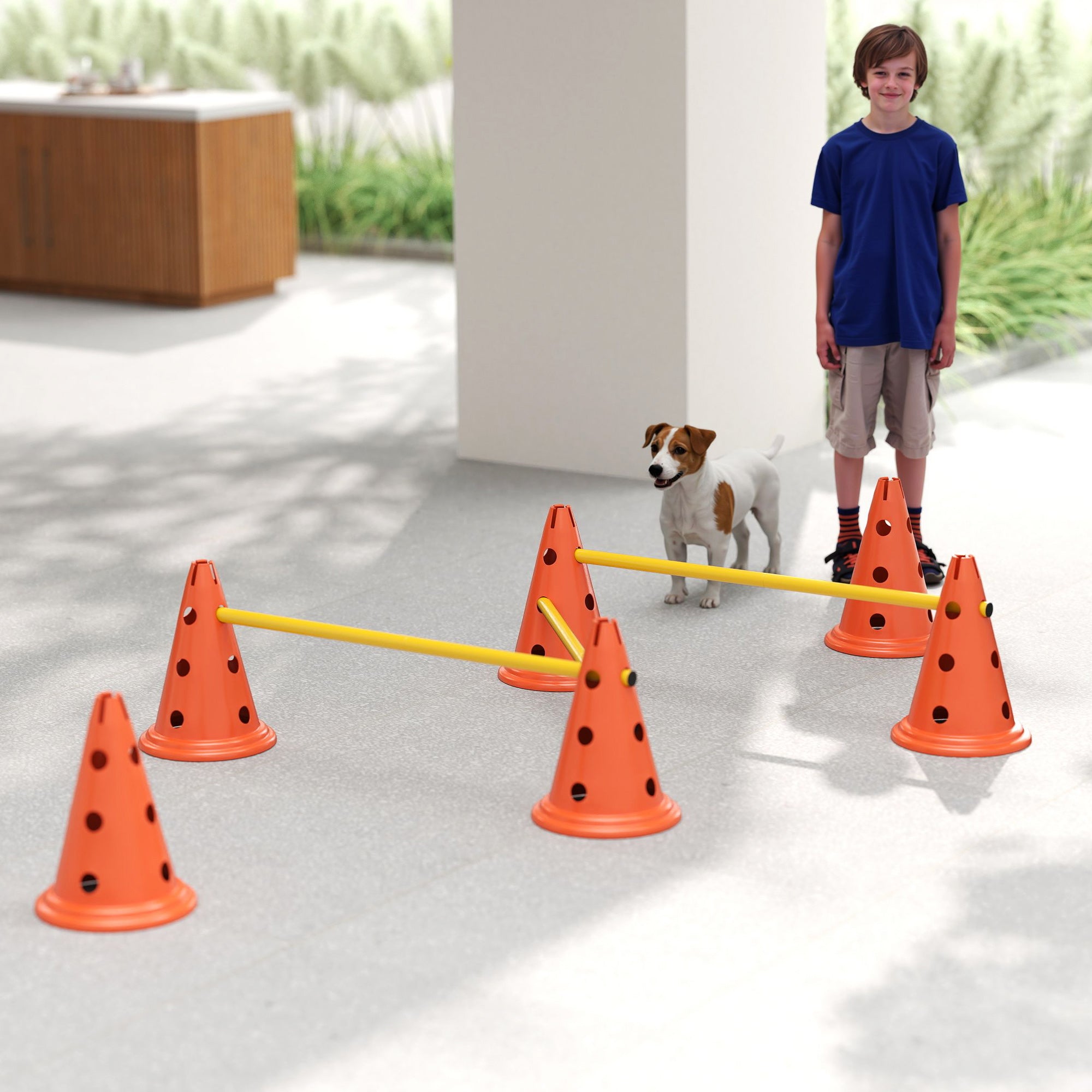 PawHut Dog Agility Equipment Set of Six Cones, Six Poles with Carry Bag, Three-Piece Adjustable Height Jumping Obstacles Orange