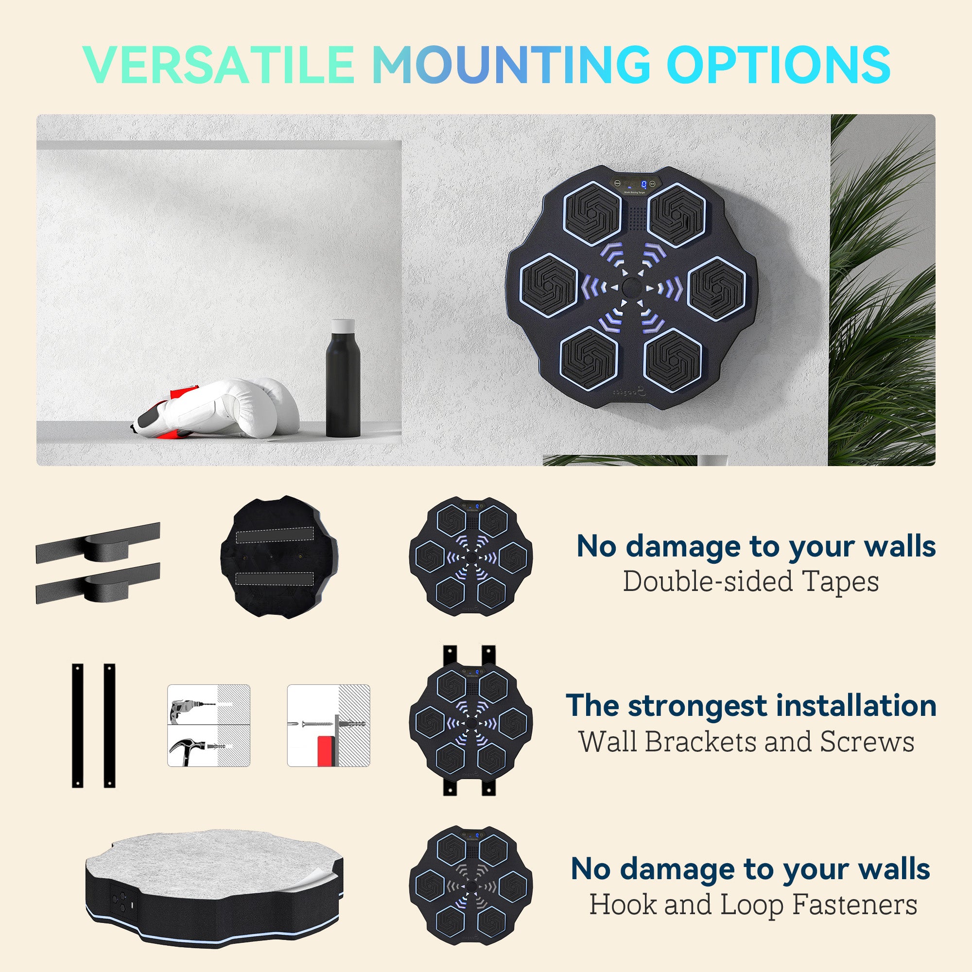 SPORTNOW Music Boxing Machine, Smart Bluetooth Boxing Machine Wall Mounted with 9 Speeds & Modes, LED Lights, Punching Pad for Adults, Black