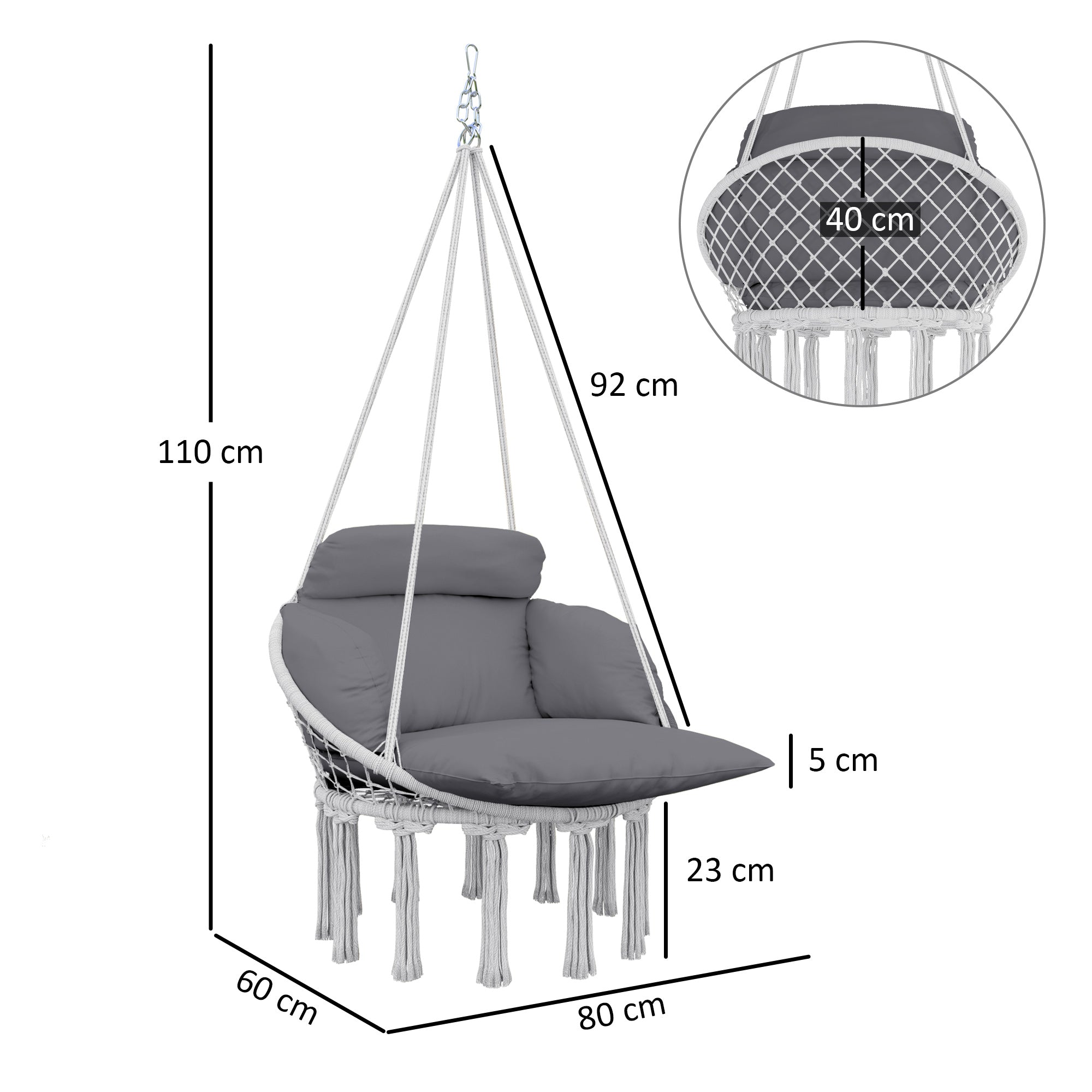 Outsunny Hanging Chair Outdoor Hammock Chair with Soft Cushion, Cotton Rope Boho Style Swing Chair, Hanging Garden Swing Seat for Indoor Outdoor, Dark Grey