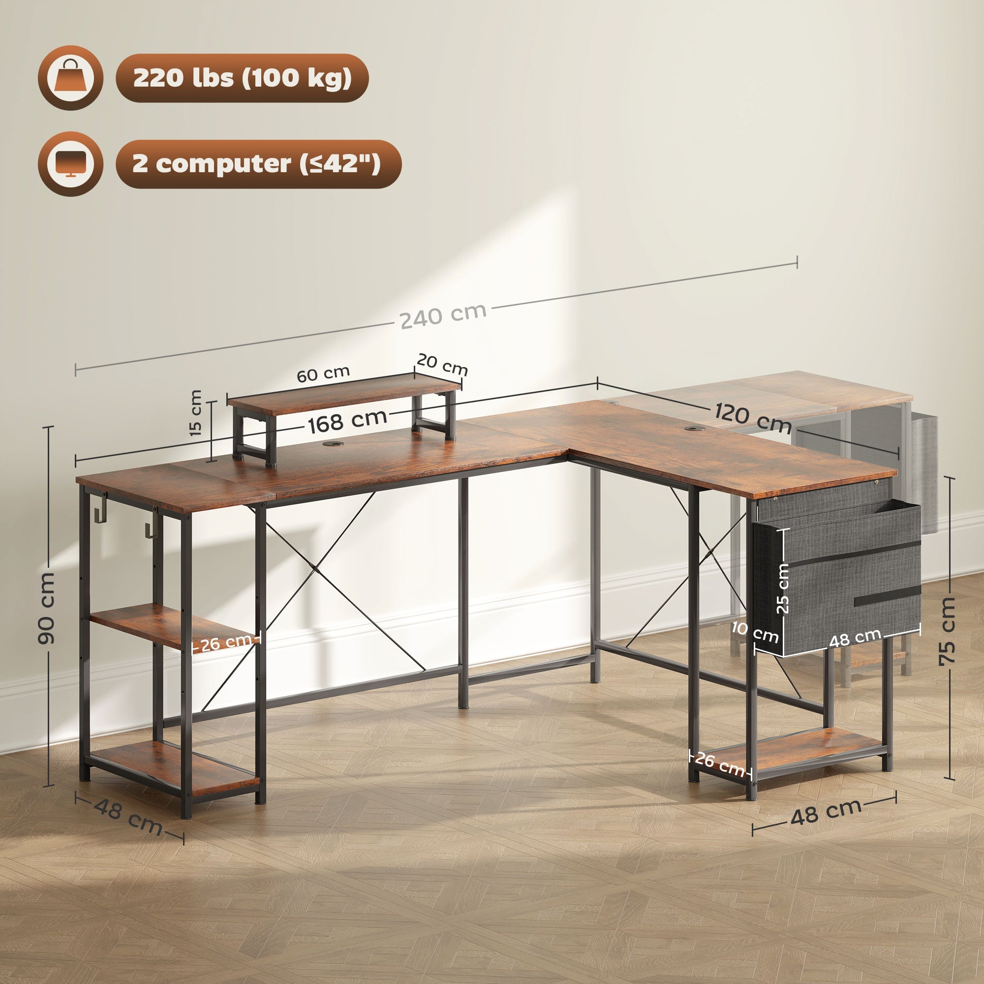 HOMCOM 168cm Reversible L Shaped Desk, Industrial Corner Computer Desk with Adjustable Shelf and Storage Bag, 240cm 2 Person PC Table with Monitor Stand, Rustic Brown