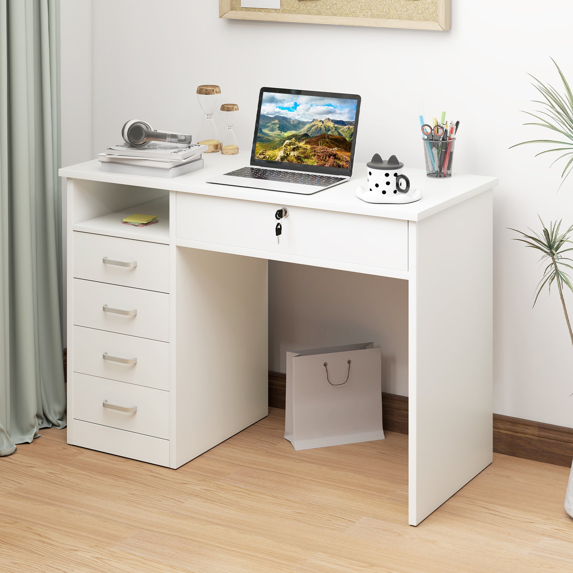 HOMCOM Computer Desk, Home Office Desk with Lockable Drawer, Storage Shelf for Study Bedroom, 110 x 50 x 76 cm, White