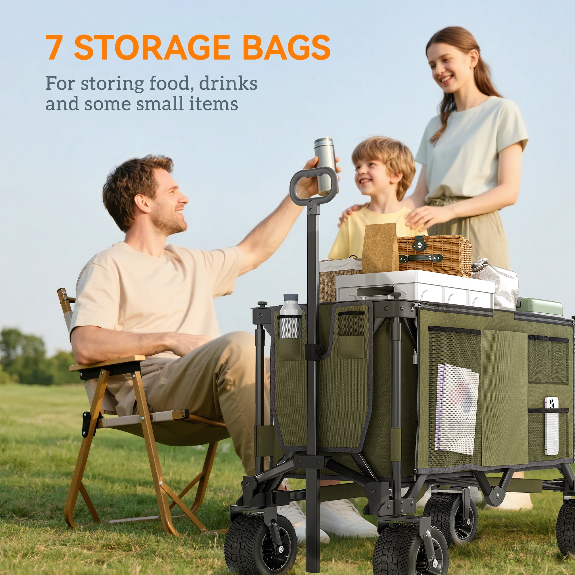 Outsunny Folding Garden Trolley, Cargo Traile on Wheels, Collapsible Camping Trolley, Outdoor Utility Wagon with Steel Frame and Oxford Fabric, Green