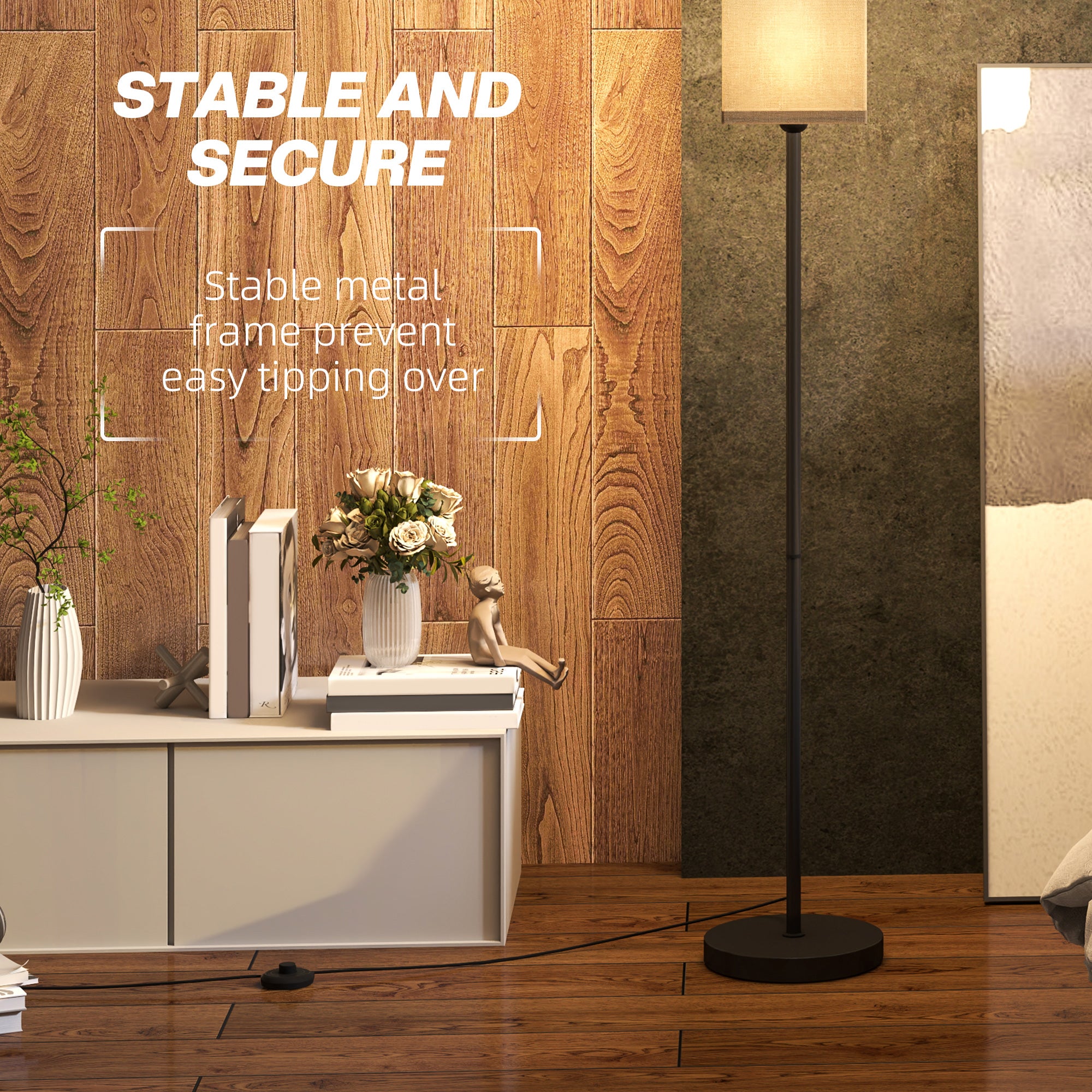 HOMCOM Floor Lamp, Modern Standing Lamp with Linen Shade, Tall Lamps for Living Room, Bedroom, with Foot Switch, Bulb not Included, Black