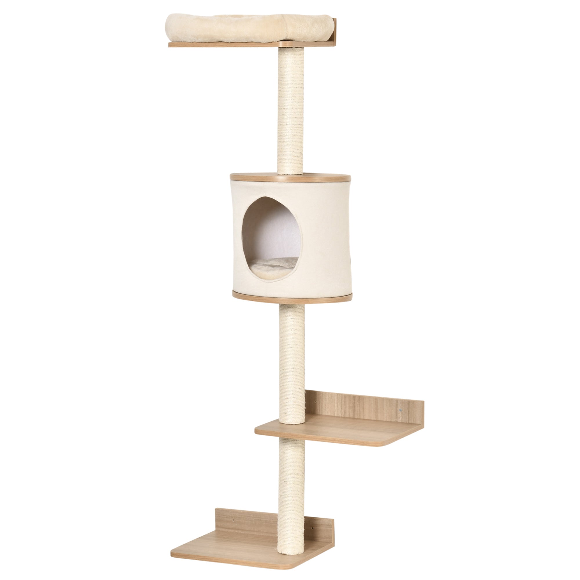 PawHut Wall-Mounted Cat Tree, with Cat House, Bed, Scratching Post - Beige