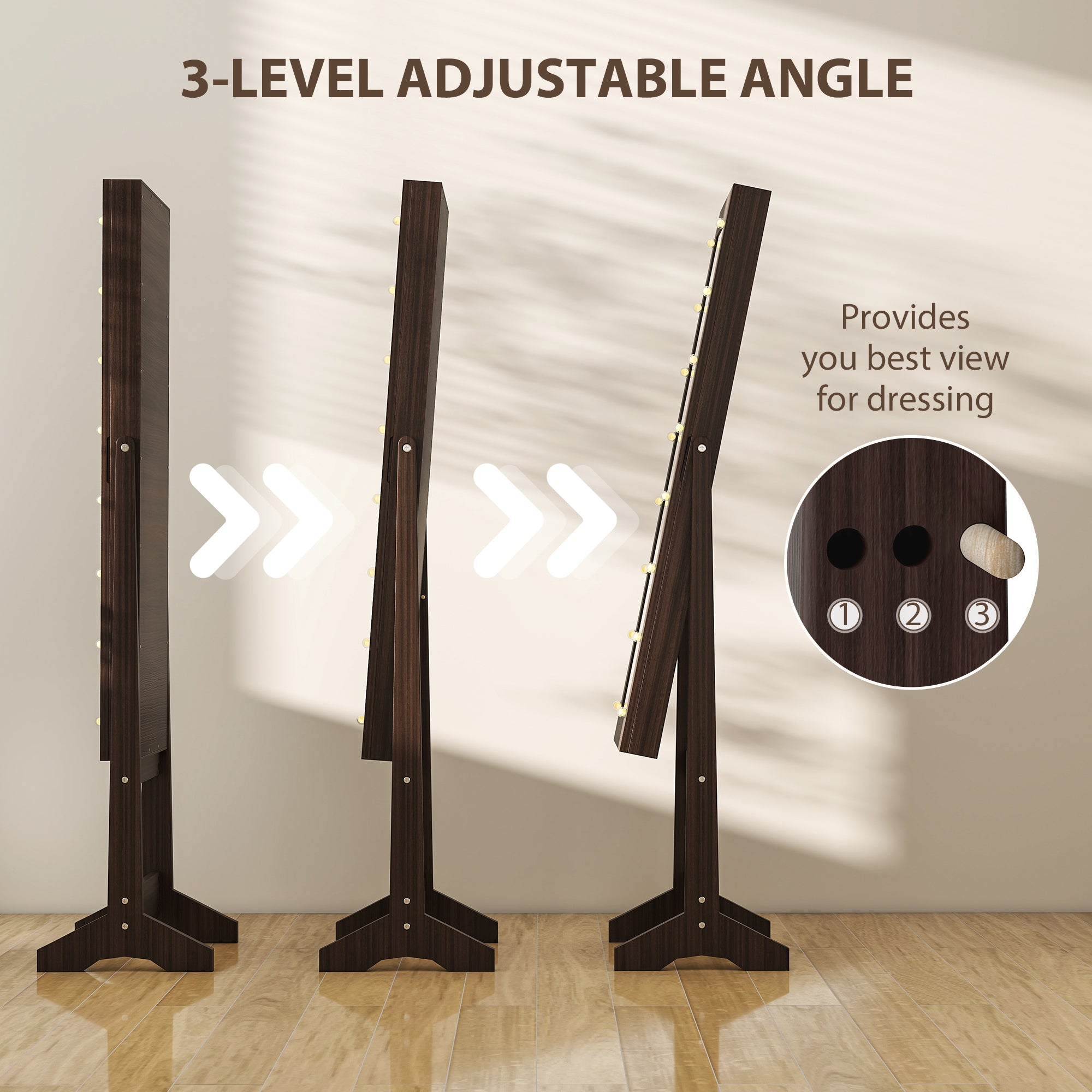 HOMCOM Freestanding Mirror Jewelry Cabinet with LED Lights, Jewellery Organiser with 3 Angle Adjustable, Full-Length Mirror with Storage for Earrings, Necklaces, Rings and Lipsticks, Dark Brown