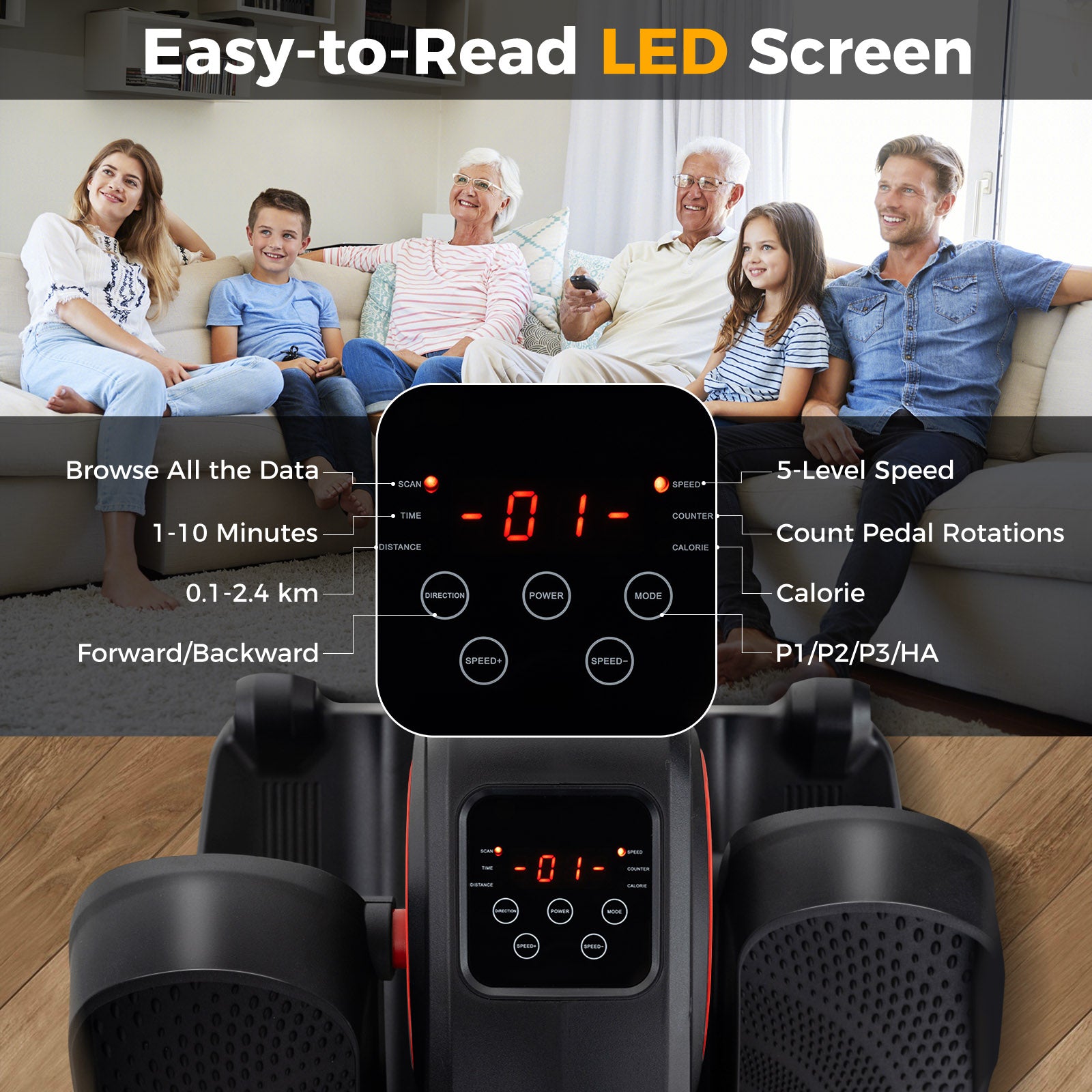 Under Desk Elliptical Machine with Display Screen and Remote Control-Red