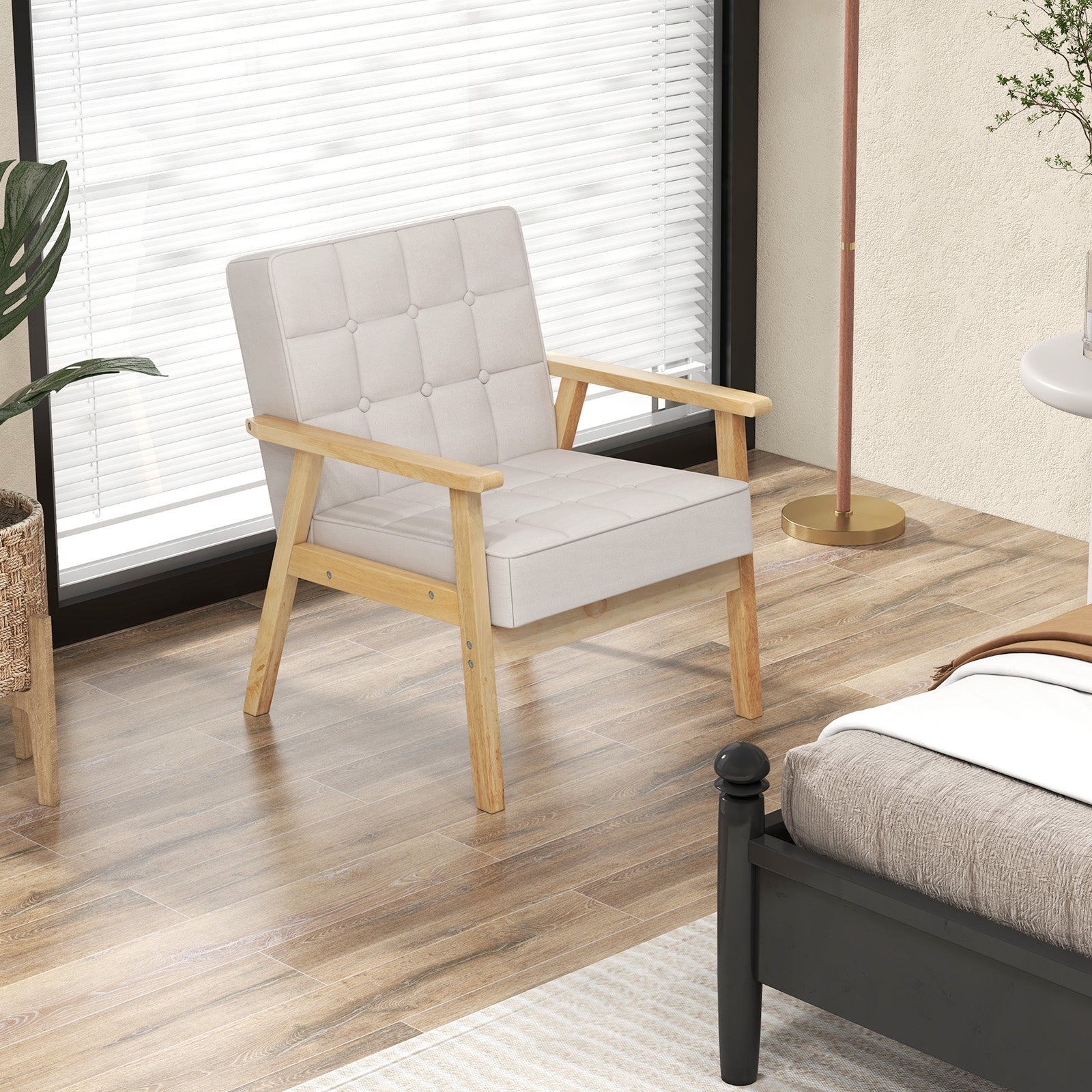 Modern Accent Chair with Rubber Wood Armrests -Beige