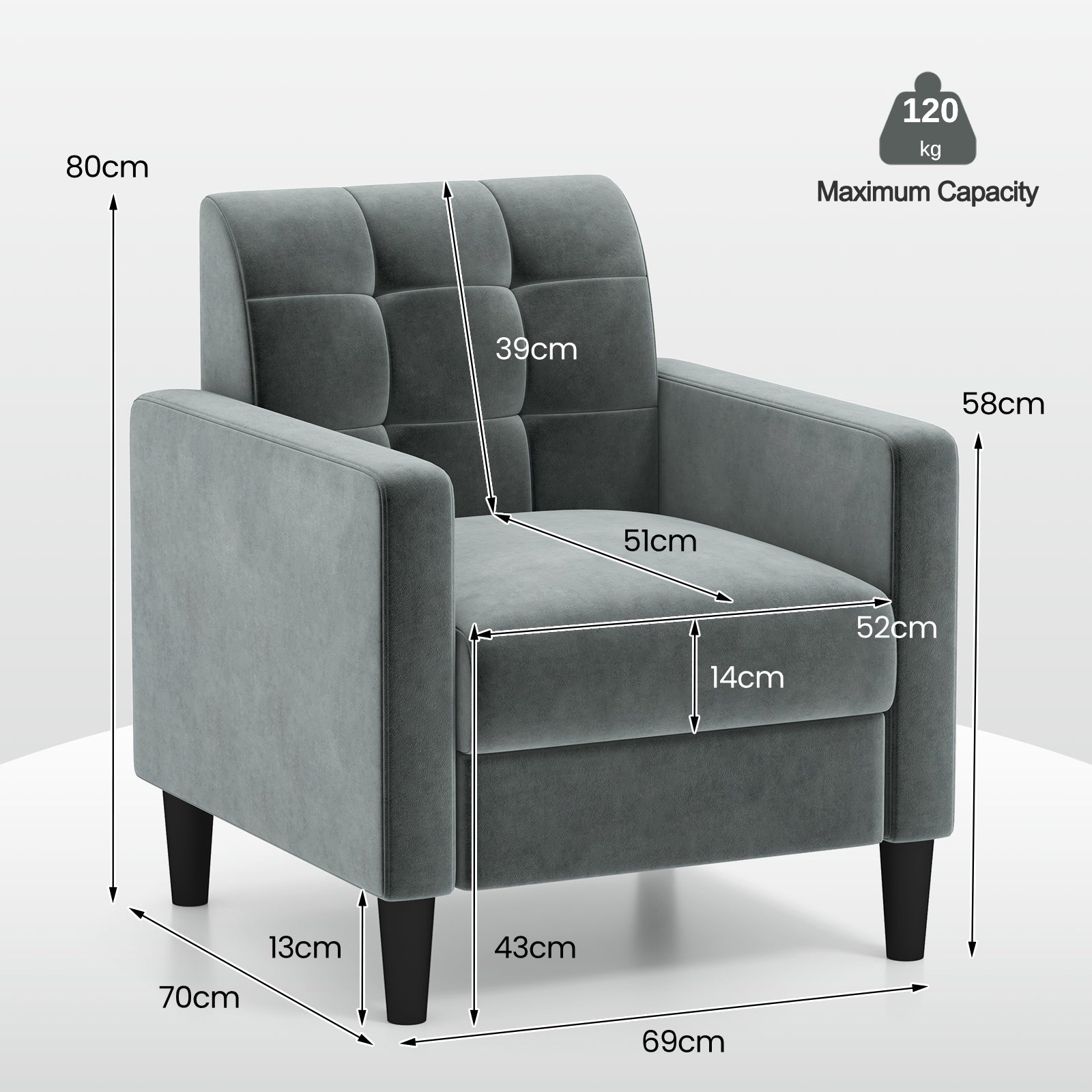 Upholstered Armchair Modern Velvet Accent Chair with Tufted Back-Grey