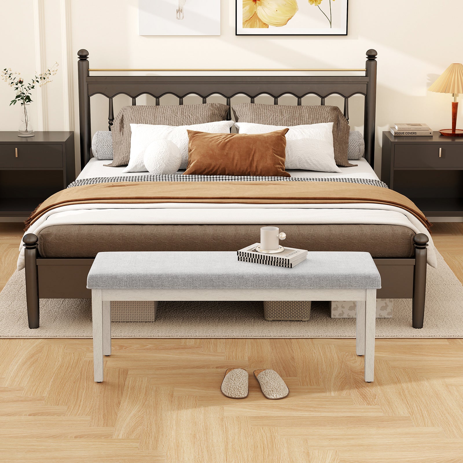 Upholstered Dining Bench Shoe Bench with Rubber Wood Legs and 300 KG Max Load-Light Grey