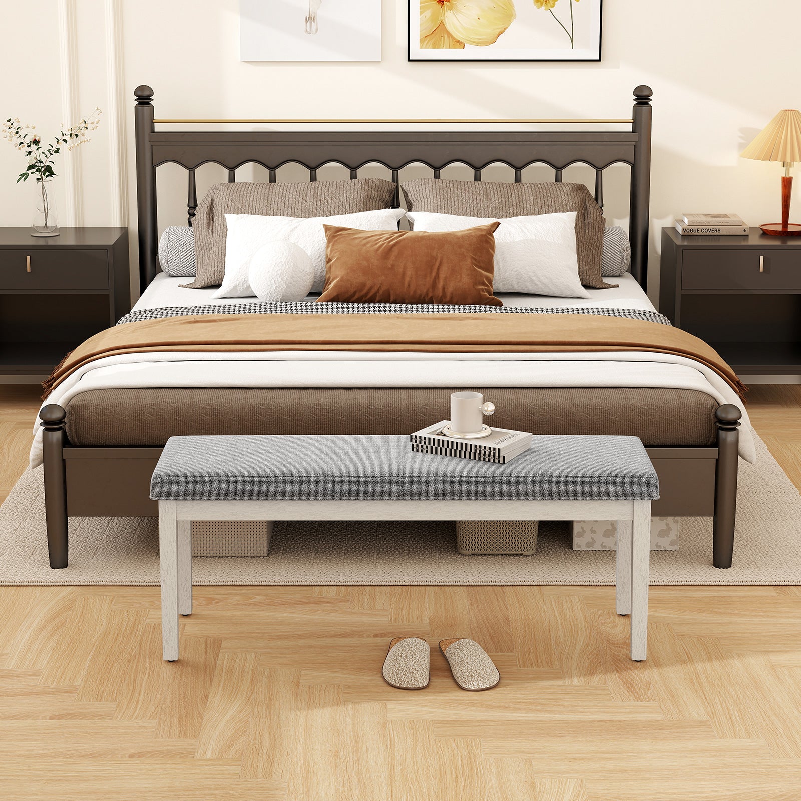 Upholstered Dining Bench Shoe Bench with Rubber Wood Legs and 300 KG Max Load-Dark Grey