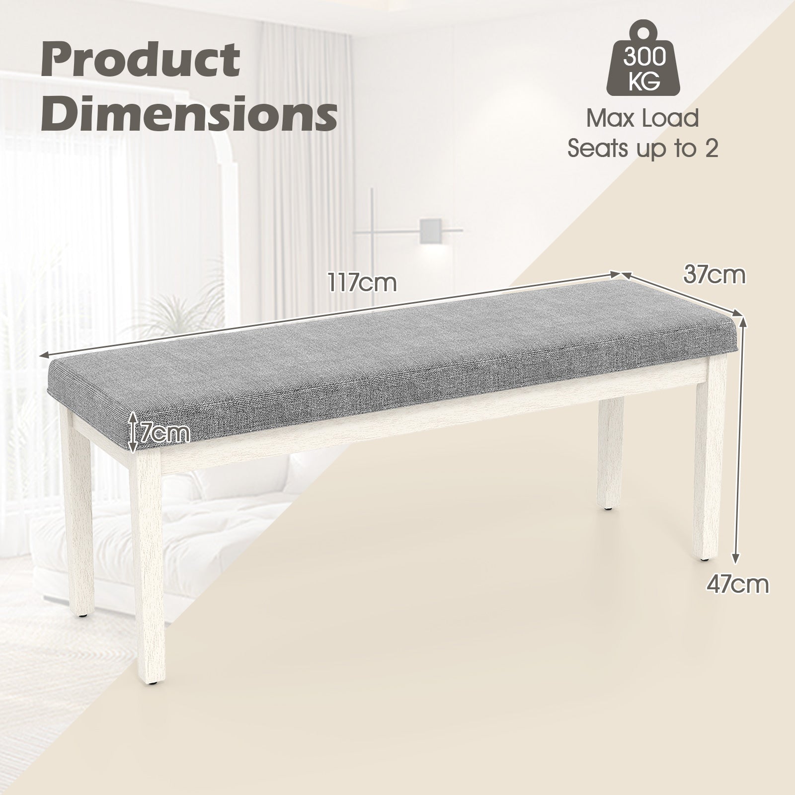 Upholstered Dining Bench Shoe Bench with Rubber Wood Legs and 300 KG Max Load-Dark Grey