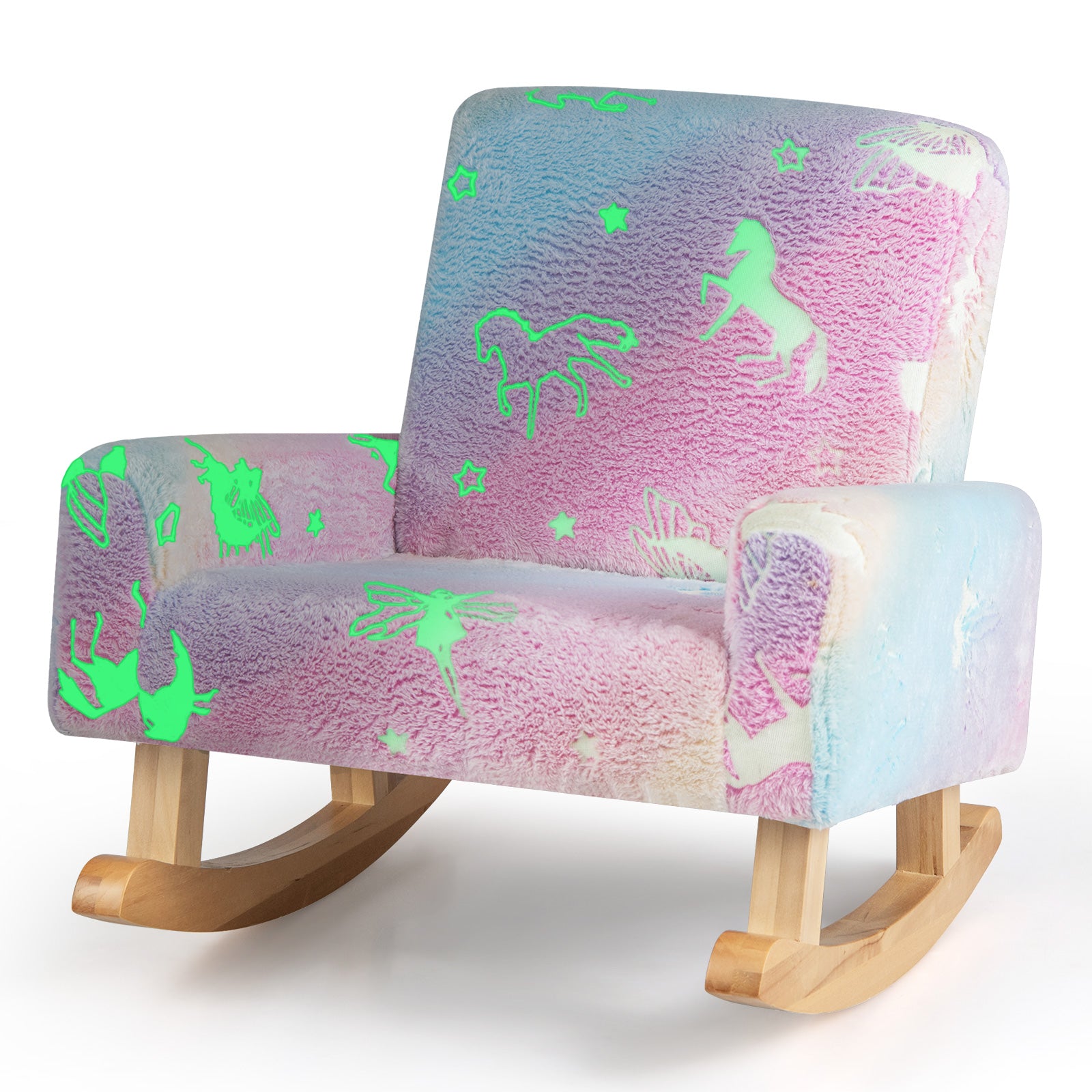 Upholstered Flannel Kids Rocking Chair with Solid Poplar Wood Rocking Feet-Multicolor