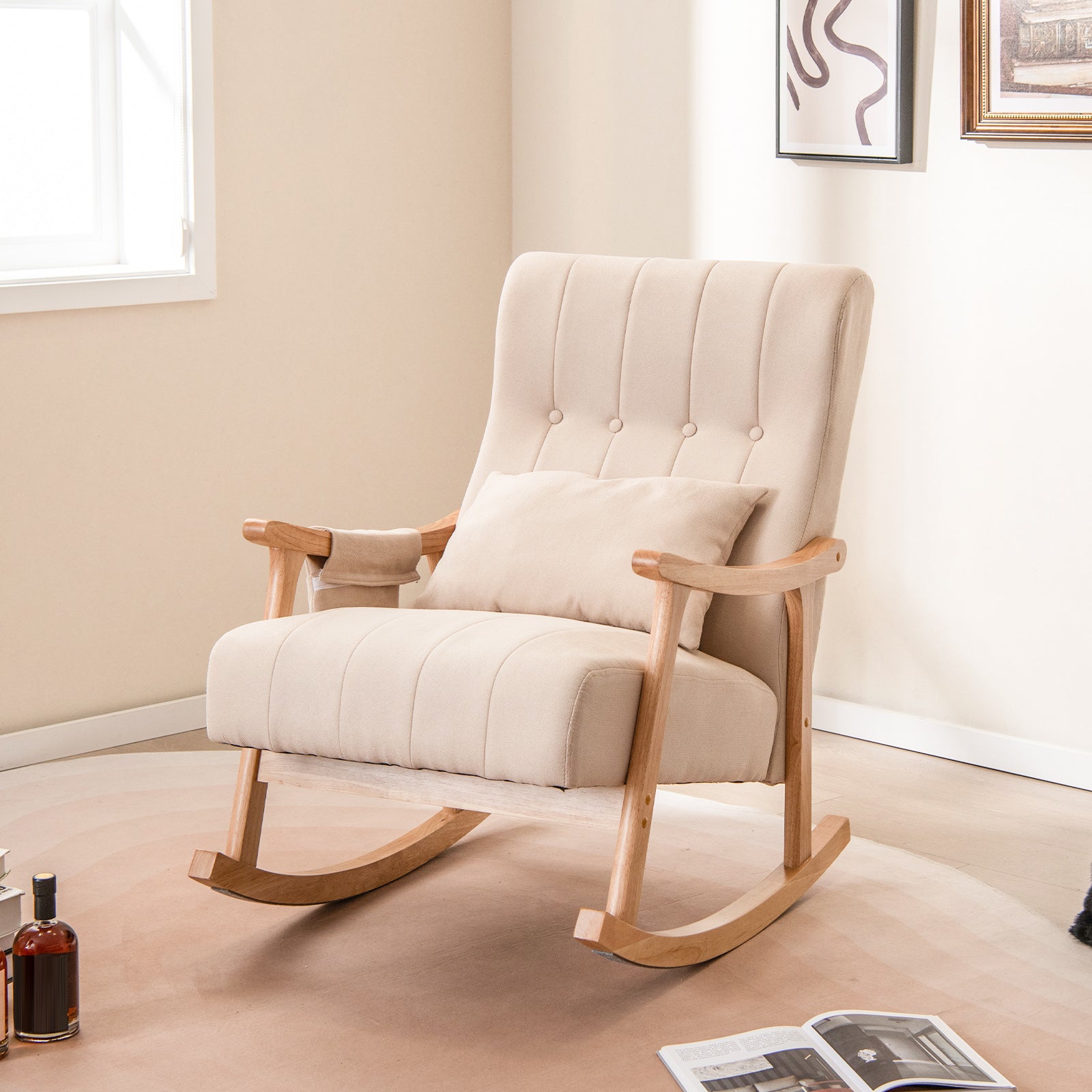 Upholstered Glider Rocker Chair with High Backrest and Cushioned Seat-Beige