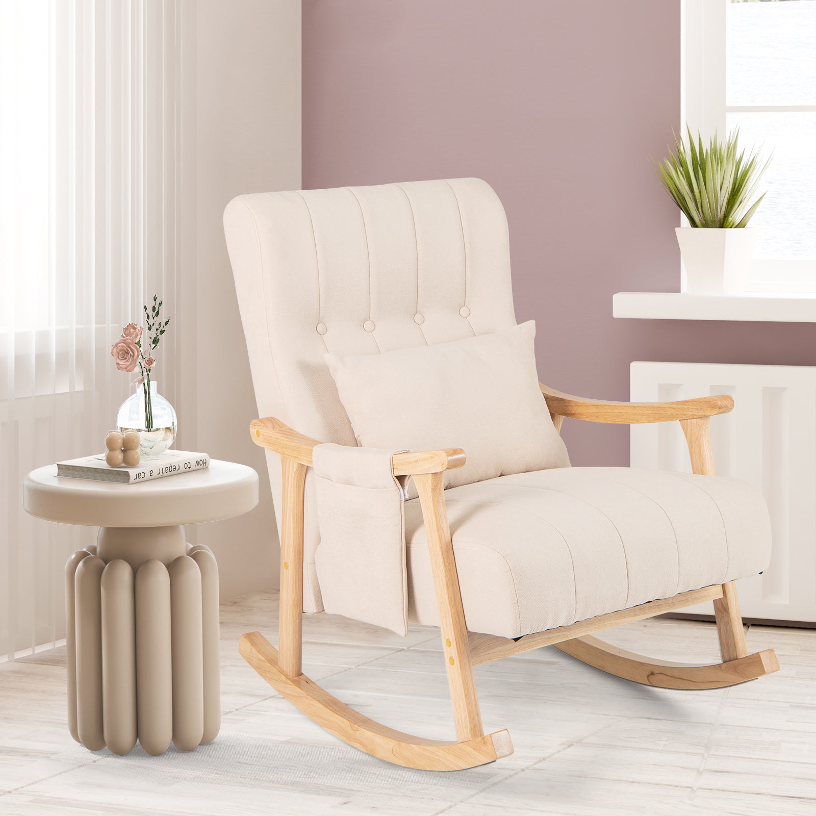 Upholstered Glider Rocker Chair with High Backrest and Cushioned Seat-Beige