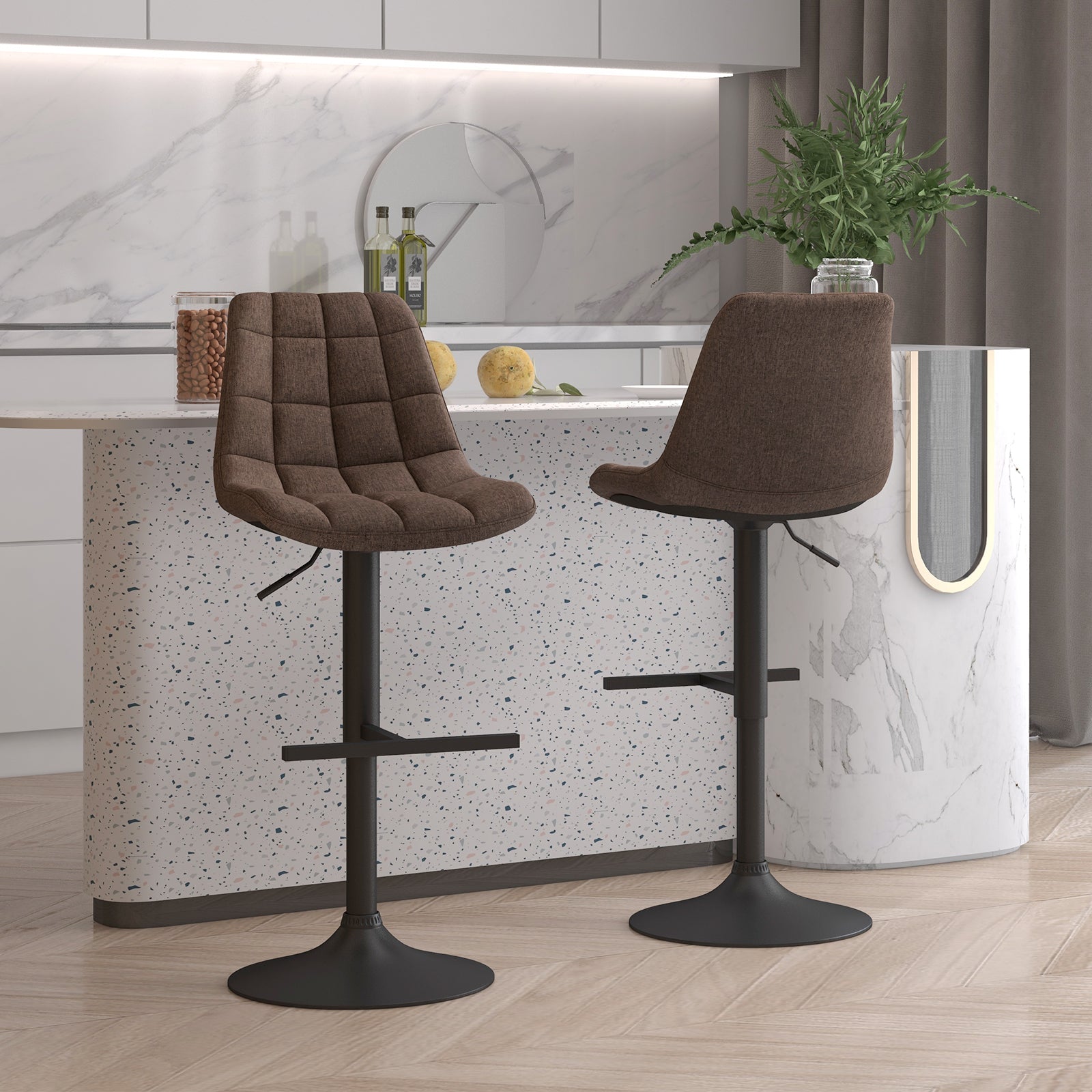 Upholstered Height Adjustable Bar Stools Set of 2 with Fabric Backrest-Brown