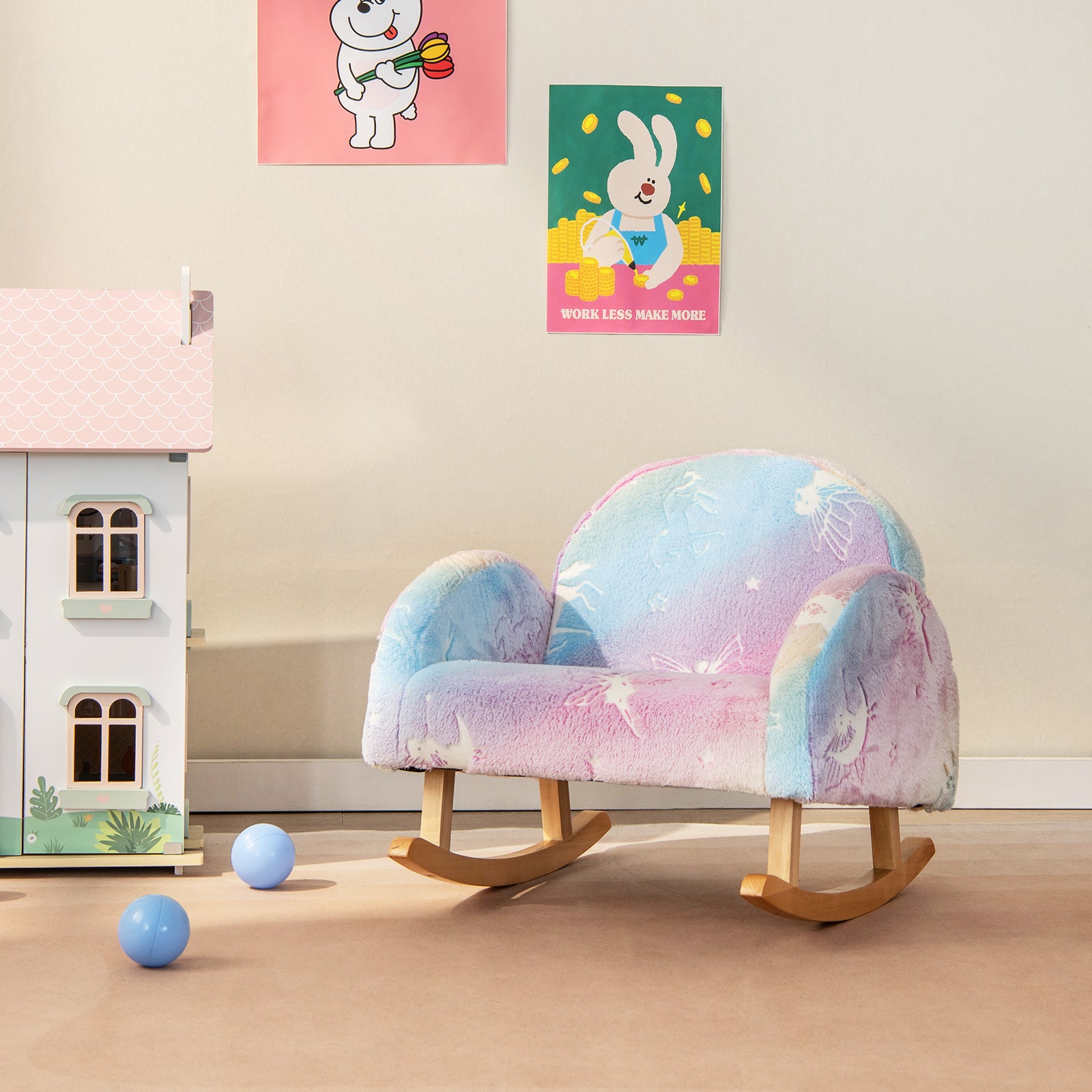 Upholstered Kids Rocking Chair with Luminous Effect and Poplar Wood Rocking Feet-Multicolor