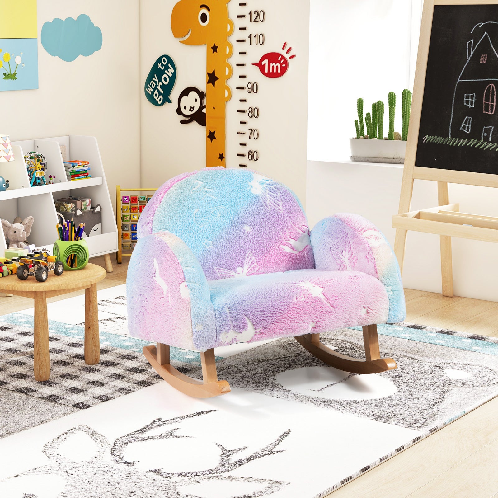 Upholstered Kids Rocking Chair with Luminous Effect and Poplar Wood Rocking Feet-Multicolor