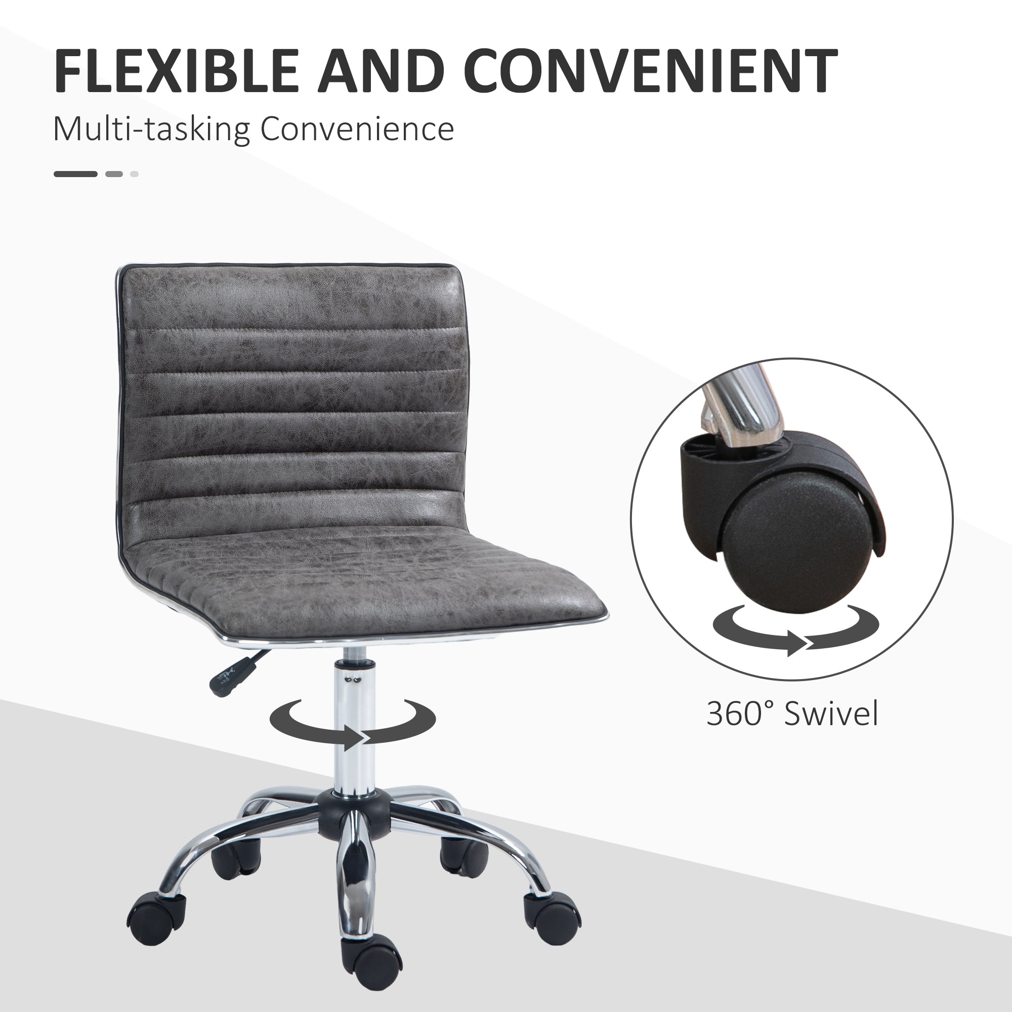 HOMCOM Armless Task Desk Chair, Swivel Office Chair with Microfibre Cloth, Adjustable Seat Height, Chrome Base, Wheels for Home, Grey