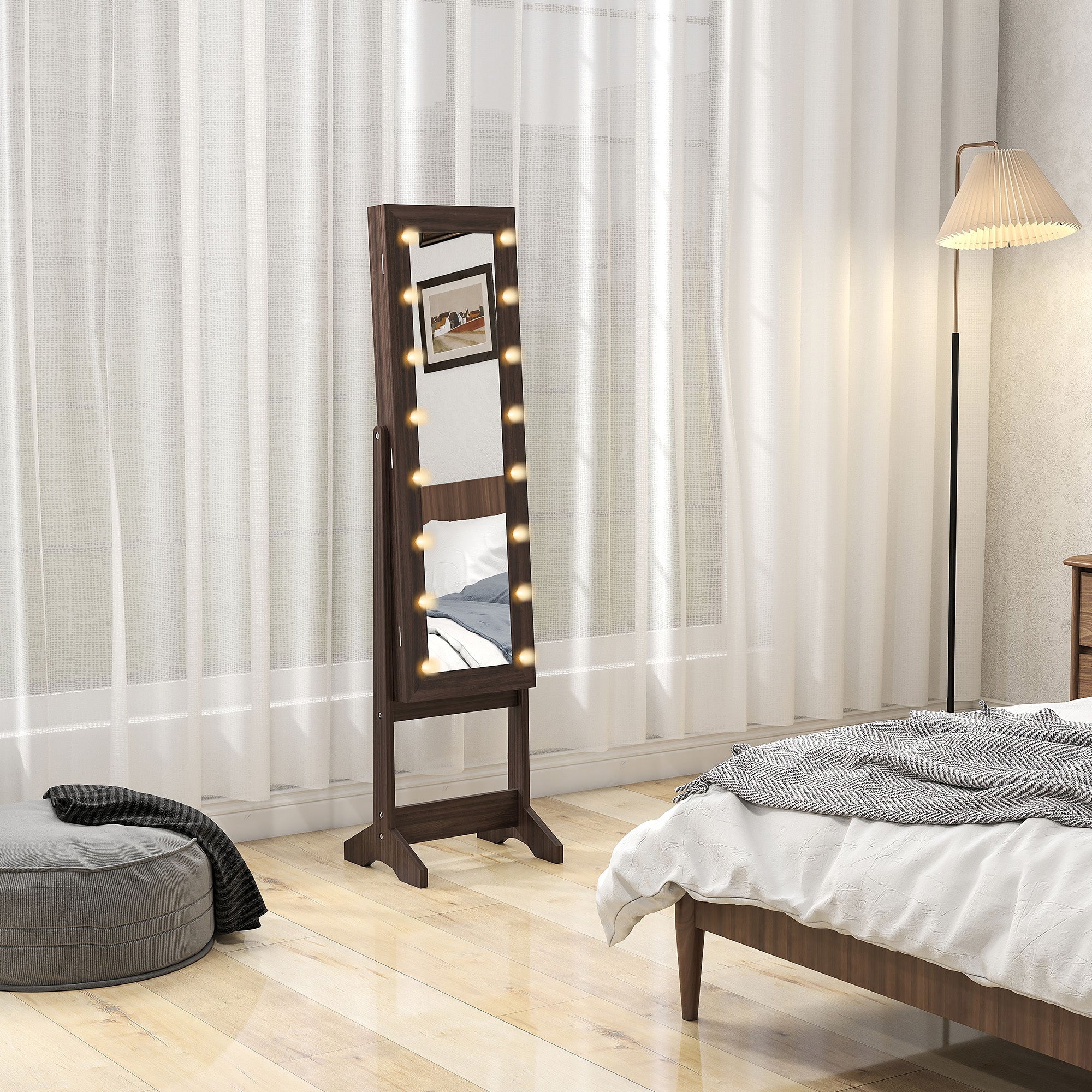 HOMCOM Freestanding Mirror Jewelry Cabinet with LED Lights, Jewellery Organiser with 3 Angle Adjustable, Full-Length Mirror with Storage for Earrings, Necklaces, Rings and Lipsticks, Dark Brown