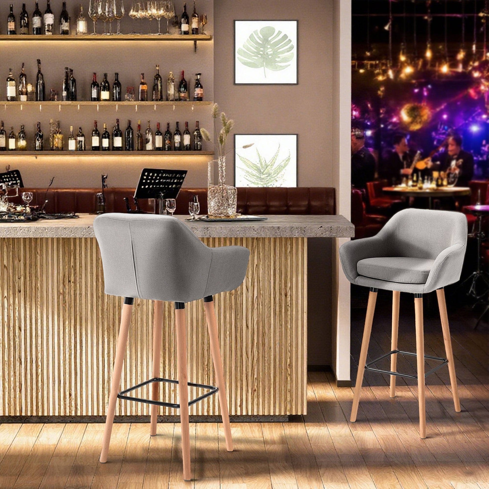 HOMCOM Set of 2 Bar Stools Modern Upholstered Seat Bar Chairs w/ Metal Frame, Solid Wood Legs Living Room Dining Room Fabric Furniture - Grey